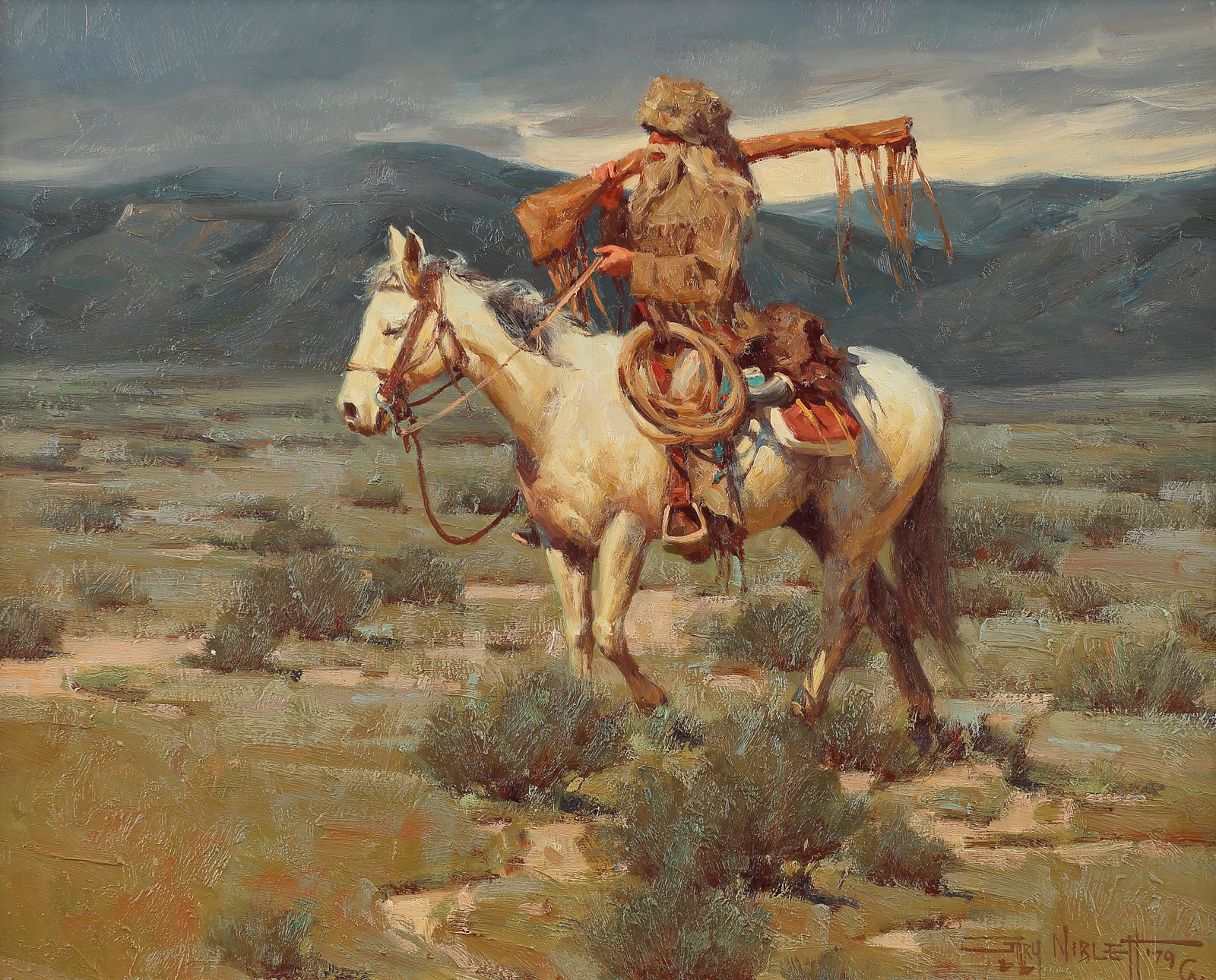Gary Niblett (Am. Bn. 1943-), Horse and Rider, 1979,: Horse and Rider, 1979, oil on board, 16 x 20, signed lower right: Gary Niblett '79, Selection from Western Art Collection of William Moore Noble, Sr.