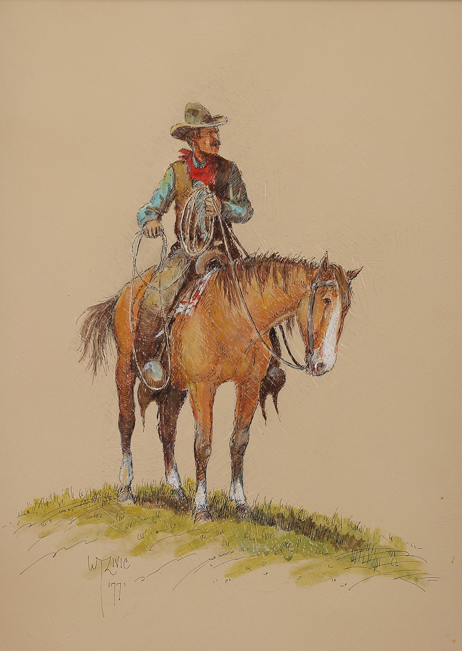 William Zivic (Am. Bn. 1930-), A Top Hand, 1977, ink: A Top Hand, 1977, ink and gouache on board, 16 x 12, signed lower left: W. Zivic '77, Selection from Western Art Collection of William Moore Noble, Sr.