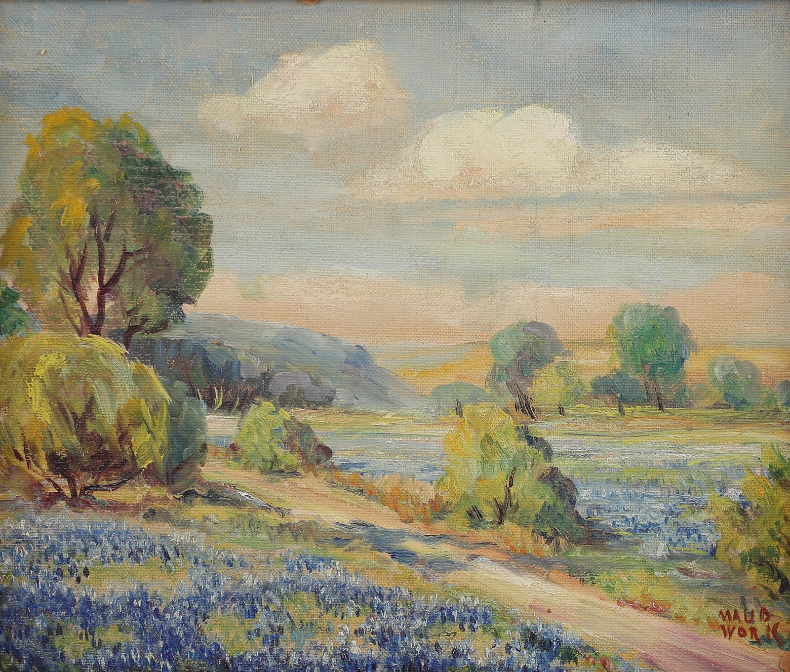 Maud Work (Am. 1883-1943), Texas Bluebonnets, oil on: Texas Bluebonnets, oil on canvasboard, 12 x 15, signed lower right: Maud Work