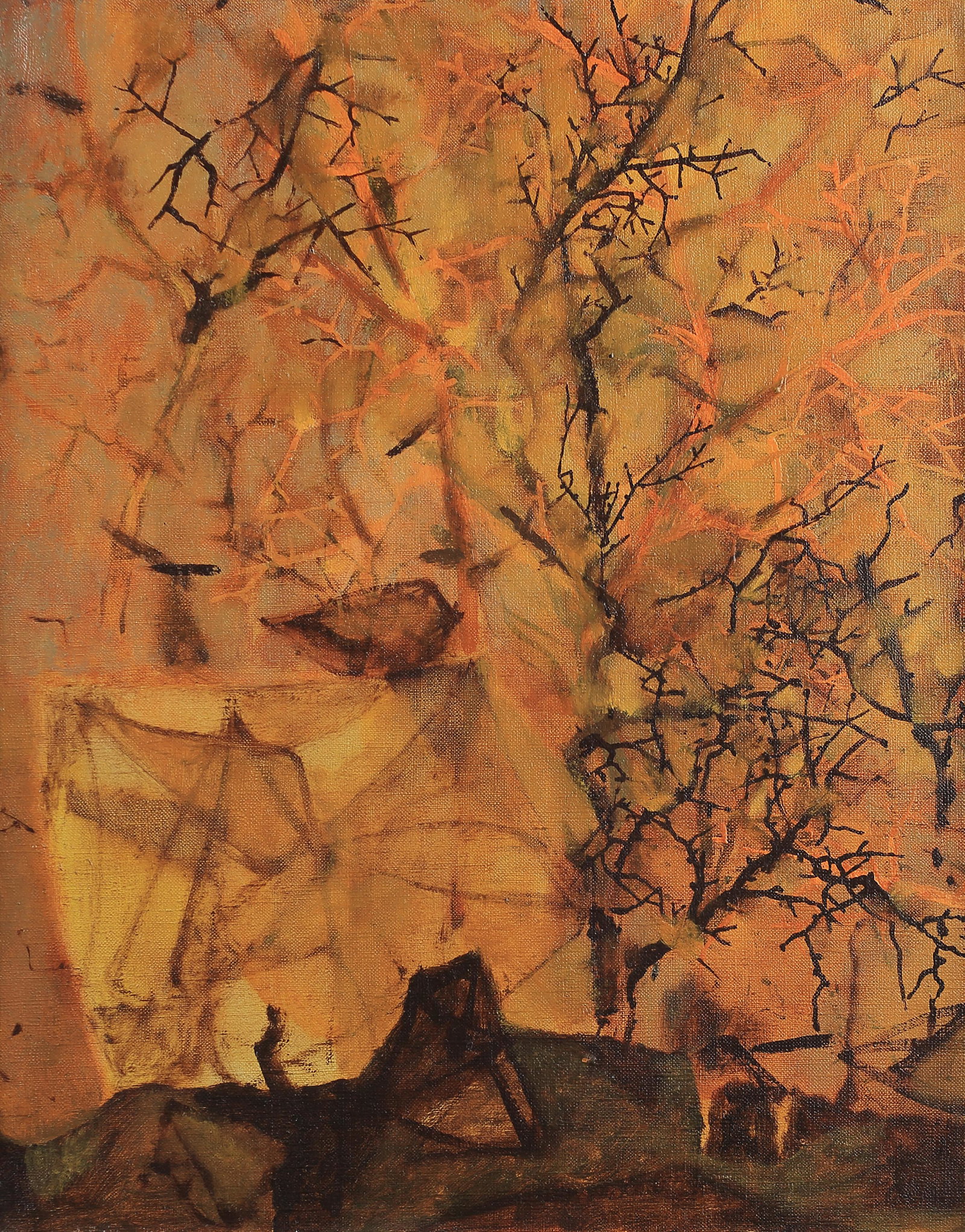 Dan Wingren (Am. 1923-1998), Weeds Burning, 1951, oil: Weeds Burning, 1951, oil on canvas, 20 x 16