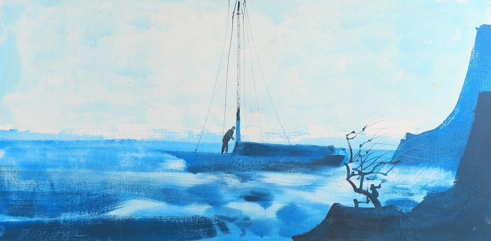 Paul Maxwell (Am. 1925-2015), Man at Sea, oil on canvas: Man at Sea, oil on canvas, 24 x 48, signed lower left: Pmaxwell