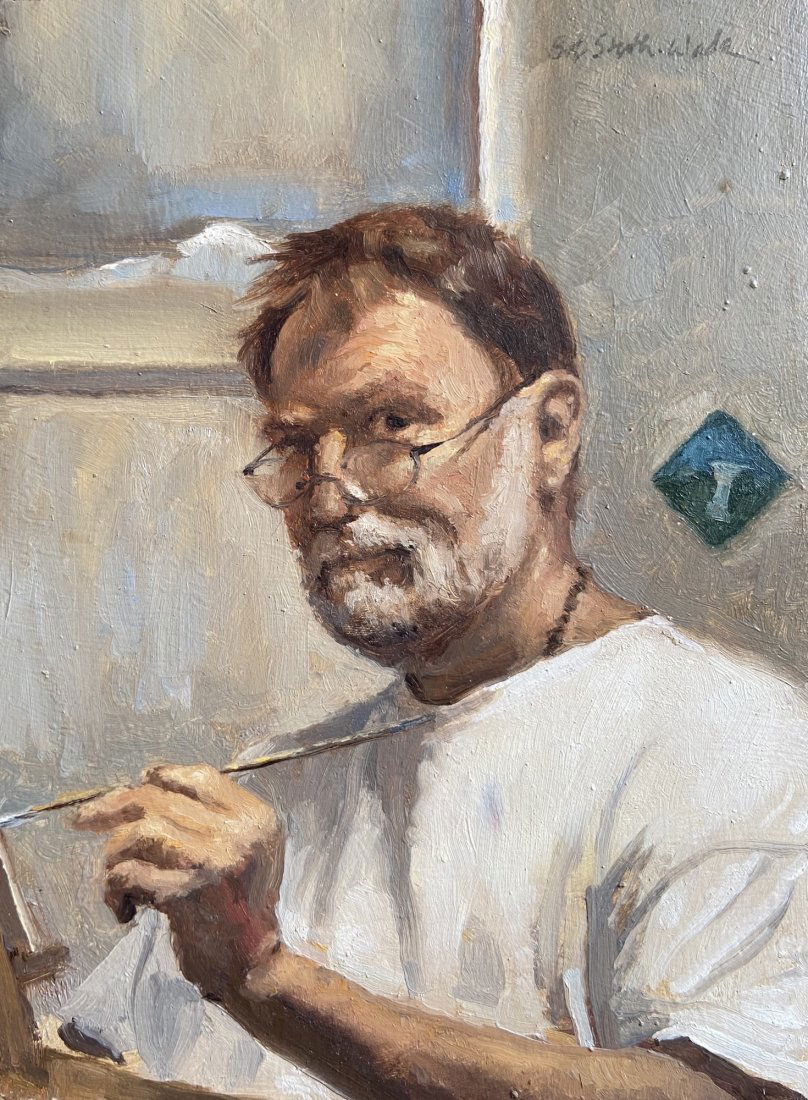 Bob Stuth-Wade (Am. Bn. 1953-), Bob and Paint Brush: Bob and Paint Brush, 2015, oil on panel 7 7/8 x 5 7/8, signed upper right: Bob Stuth-Wade, This self-portrait is being sold (100% of sale) to benefit The Dallas 24 Hour Club. Courtesy of the Artist an