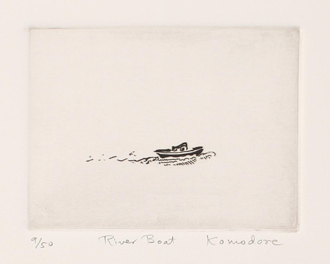 Bill Komodore (Am. 1932-2012), River Boat, ed. 9/50, 1972 (printed 1990): River Boat, ed. 9/50, 1972 (printed 1990), etching, 3 x 4 , signed across bottom: 9/50, River Boat, Komodore