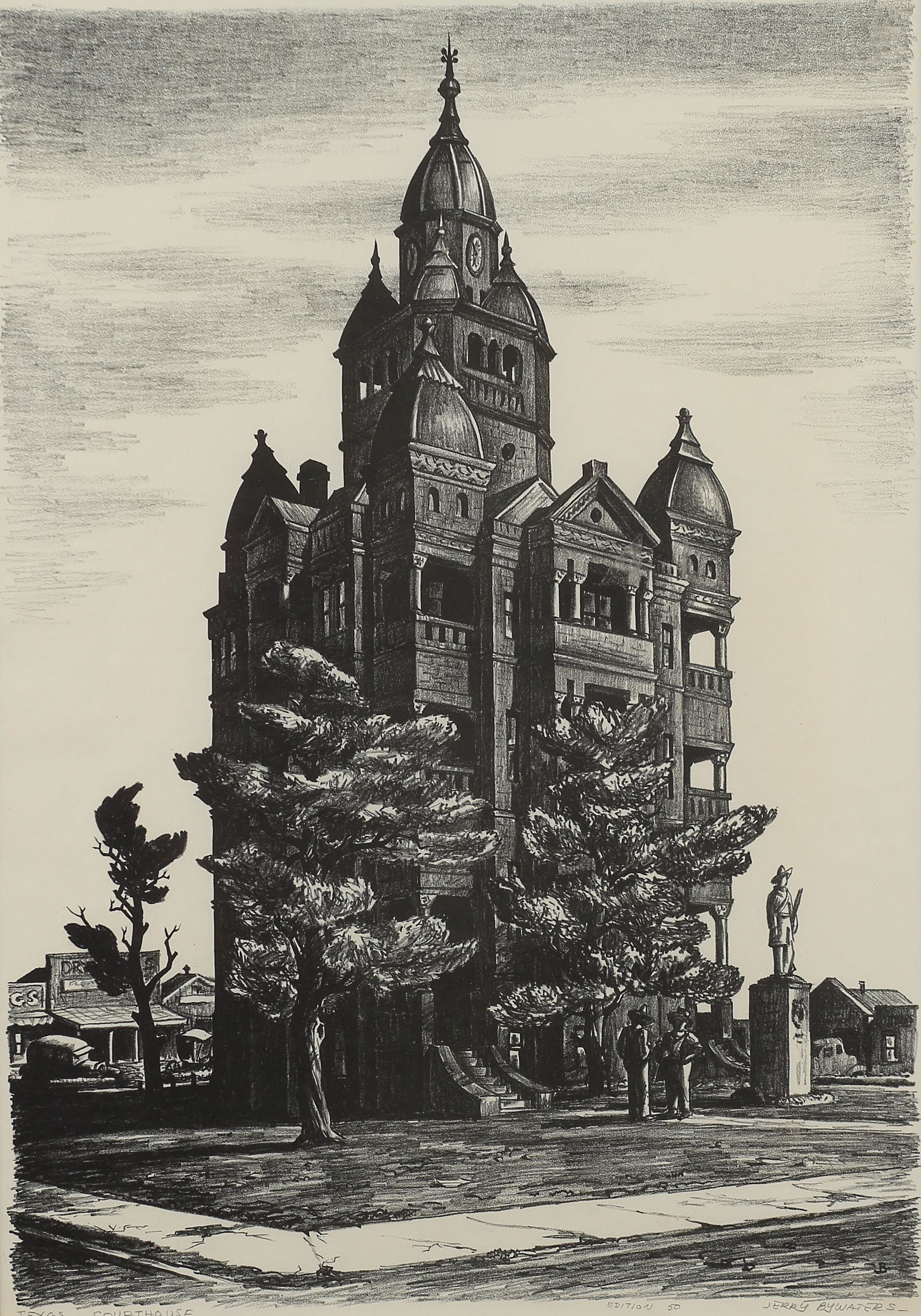 Jerry Bywaters (Am. 1906-1989), Texas Courthouse, 50 prints: Texas Courthouse, 50 prints, lithograph, 20 x 14 , signed across bottom: Texas Courthouse, Edition 50, Jerry Bywaters