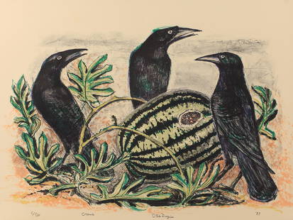 Otis Dozier (Am. 1904-1987), Crows and Watermelon, Color Test Proof, 1987: Crows and Watermelon, Color Test Proof, 1987, lithograph in colors, 21 x 28, signed across bottom: C/T/P Crows, Otis Dozier '87