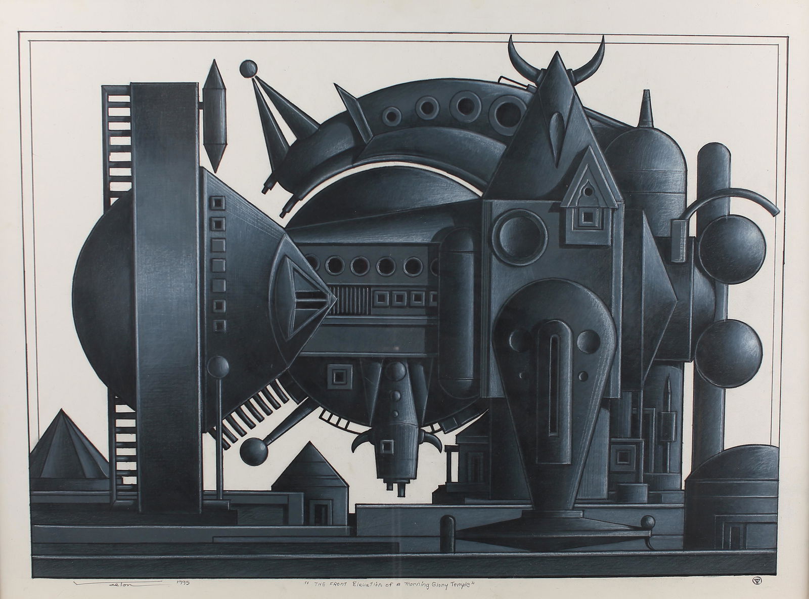 Valton Tyler (Am. 1944-2017) , The Front Elevation of a Morning Glory Temple, 1995: The Front Elevation of a Morning Glory Temple, 1995, Prismacolor on board, 29 1/2 x 39 1/2 , signed across bottom: Valton 1995, "The Front Elevation of a Morning Glory Temple",