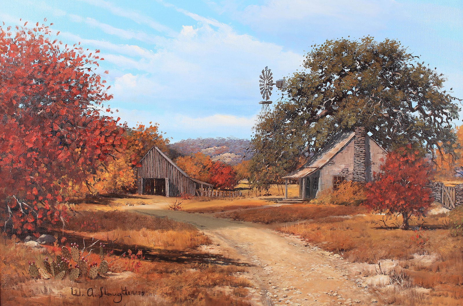 William Slaughter (Am. 1923-2003) , Homestead in Fall Landscape: Homestead in Fall Landscape, oil on canvas, 24 x 36, signed lower left: W.A. Slaughter