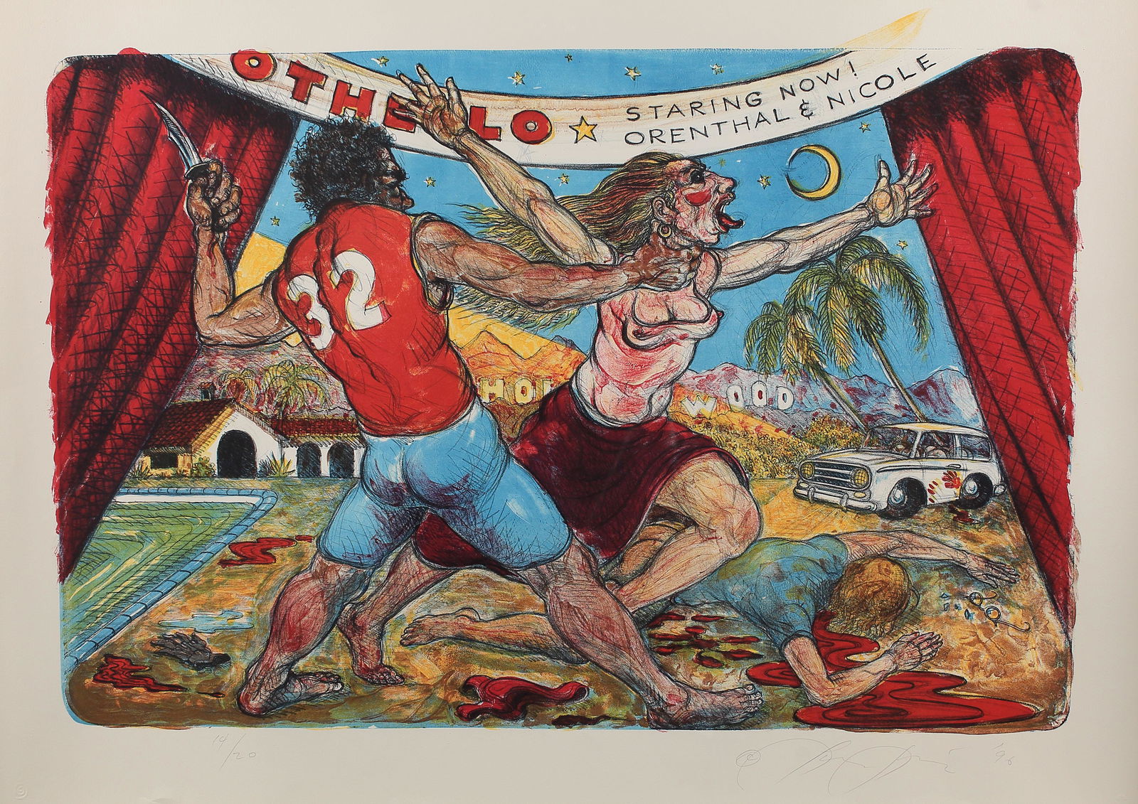 Luis Jimenez (Am. 1940-2006) , Staring Now! Orenthal & Nicole, ed. 14/20, 1996: Staring Now! Orenthal & Nicole, ed. 14/20, 1996, hand colored lithograph, 29 x 41, signed across bottom: 14/20 © Luis Jimenez '96. This dynamic lithograph was included in the 1997 solo exhibition