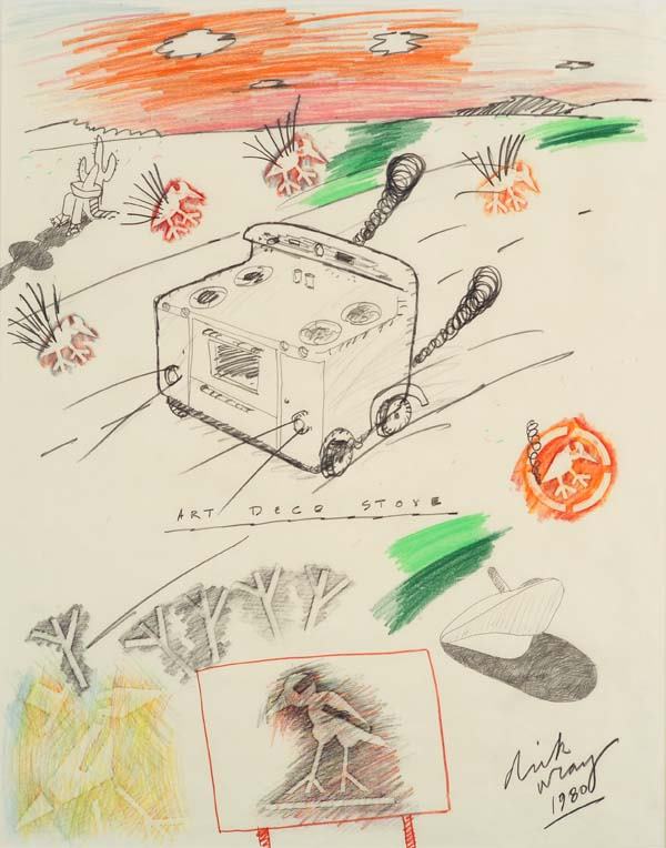 Dick Wray (Am. 1933-): Art Deco Stove 1980 mixed media drawing 24 x 19