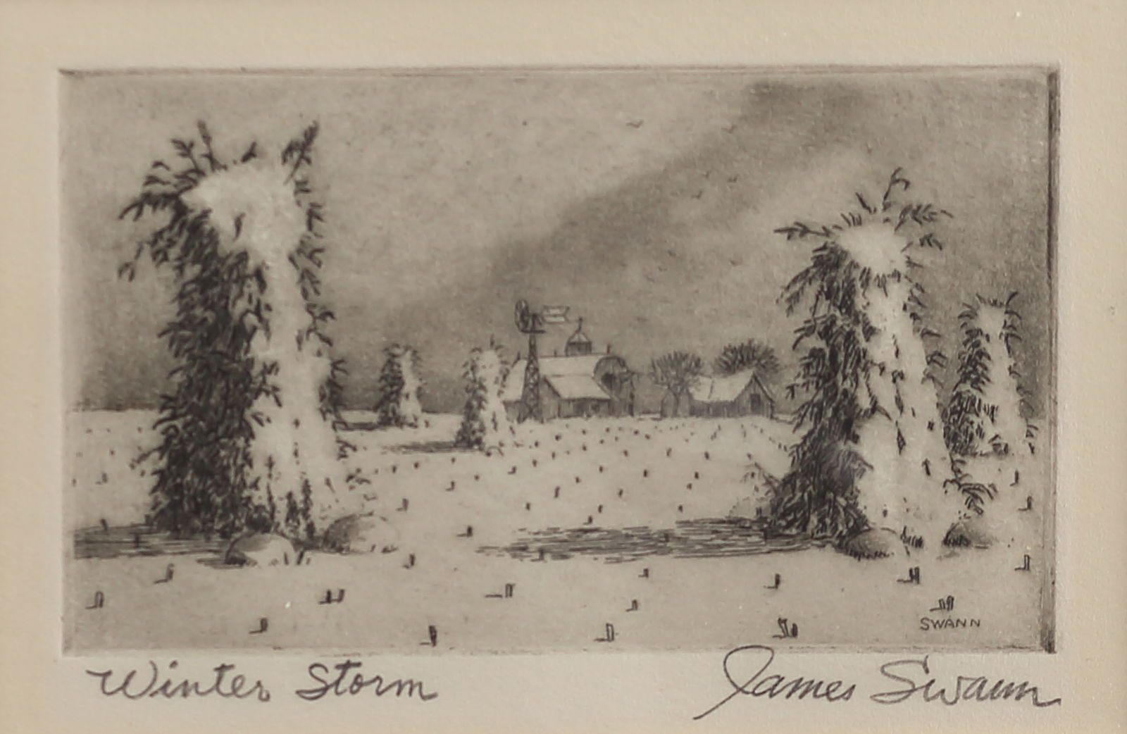 James Swann (Am. 1905-1985), 5 etchings: (1) Winter Storm, ed. 17, 1955, etching 2 7/8 x 5 (1 of 5)