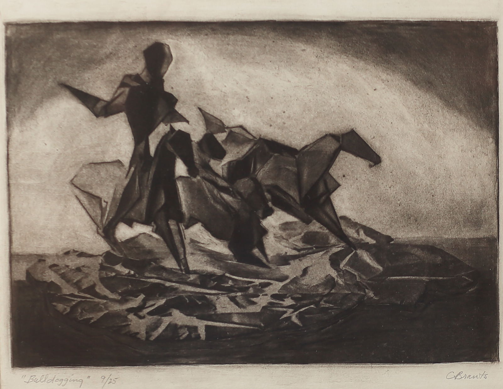 Cynthia Brants (Am. 1924-2006), Bulldogging, ed. 25, etching: Bulldogging, ed. 25, etching, 9 x 11 1/4, signed across bottom: Bulldogging, 9/25, C Brants,