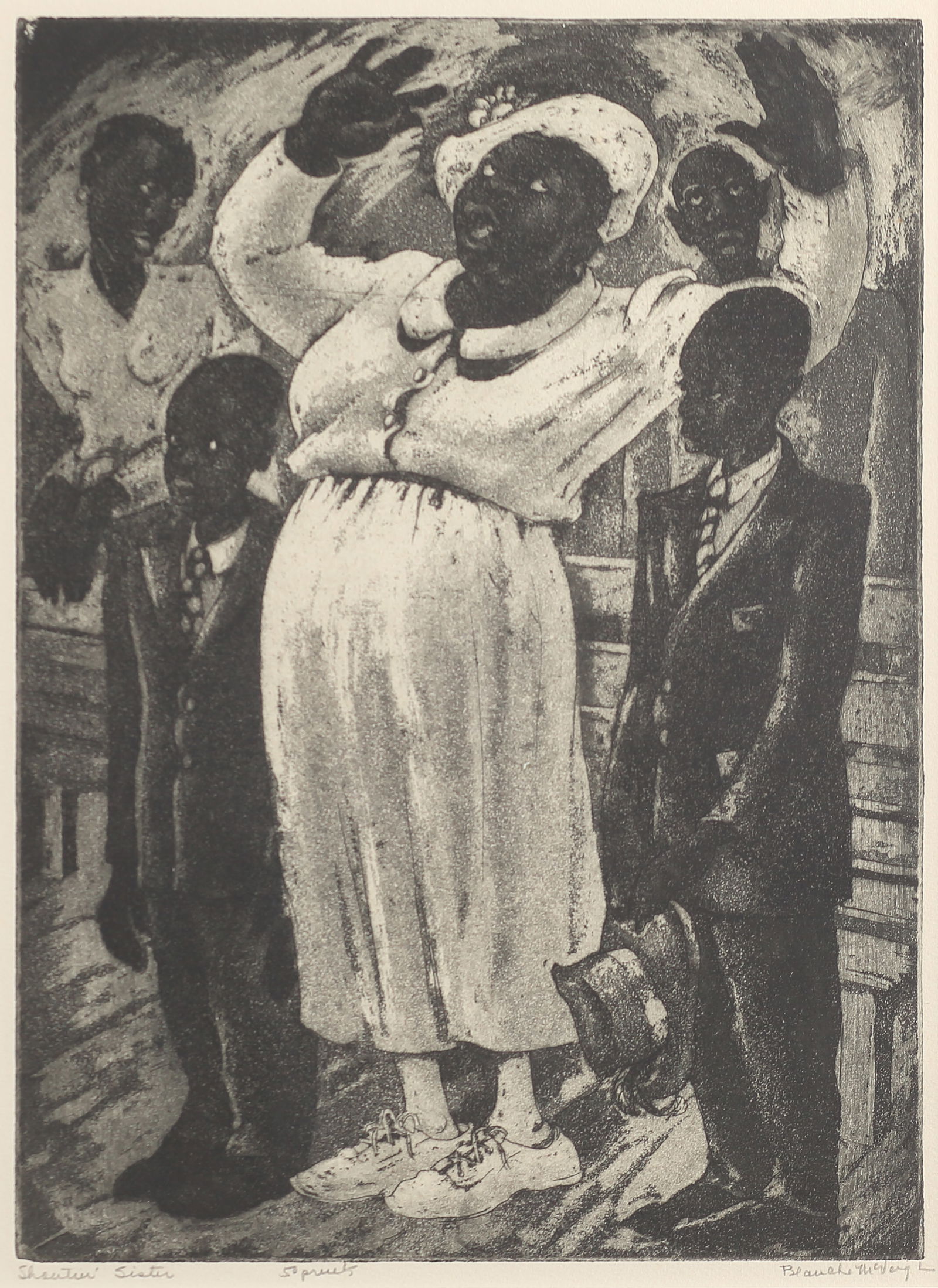 Blanche McVeigh (Am. 1895-1970), Shoutin’ Sister, ed. 50, aquatint: Shoutin’ Sister, ed. 50, aquatint, 11 x 8, signed across bottom: Shoutin’ Sister, 50 prints, Blanche McVeigh,