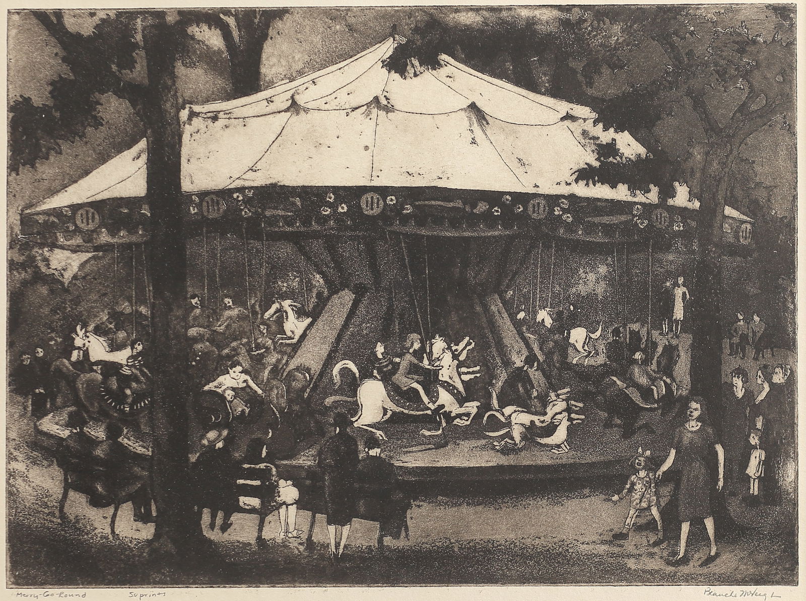 Blanche McVeigh (Am. 1895-1970), Merry-Go-Round, ed. 50, 1944, aquatint: Merry-Go-Round, ed. 50, 1944, aquatint, 10 x 13 3/4, signed across bottom: Merry-Go-Round, 50 prints, Blanche McVeigh, NOTE ON VERSO: Forest Park Merry-Go-Round, Ft. Worth, 1920s - 1930s. EXHIBITED: F