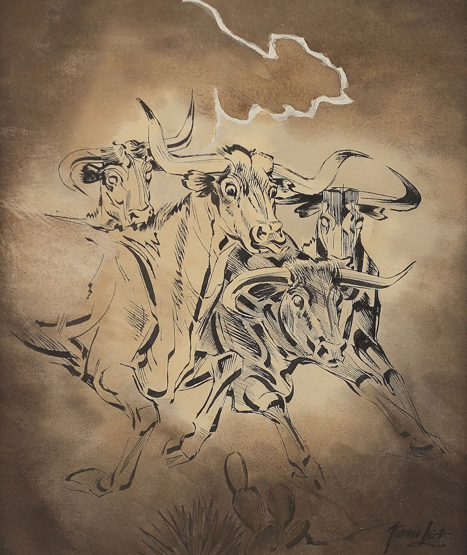 Tom Lea (Am. 1907-2001), Spooked, ink wash drawing on paper (1 of 1)