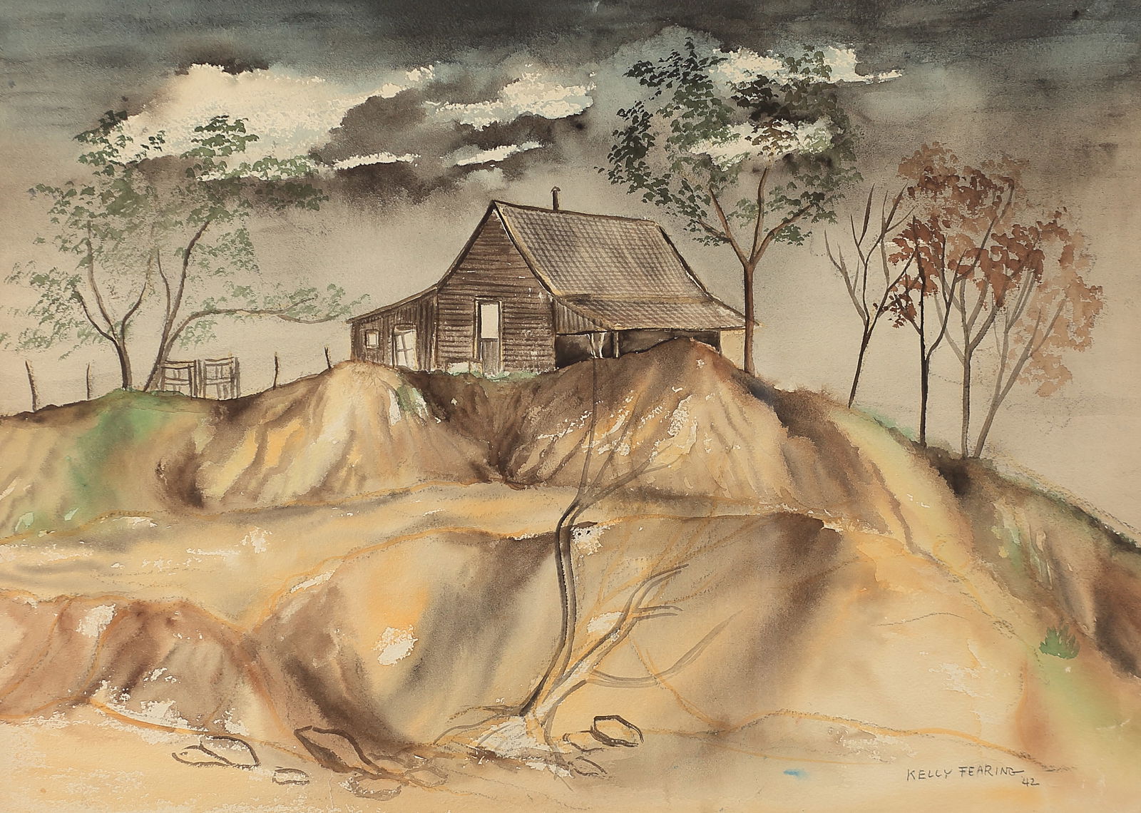 Kelly Fearing (Am. 1918-2011), Abandoned House, 1942, watercolor on paper: Abandoned House, 1942, watercolor on paper, 14 1/2 x 20 1/2, signed lower right: Kelly Fearing 42, PROVENANCE: From the estate of Lirl Treuter, Kelly Fearing’s star student at Texas Wesleyan Uni