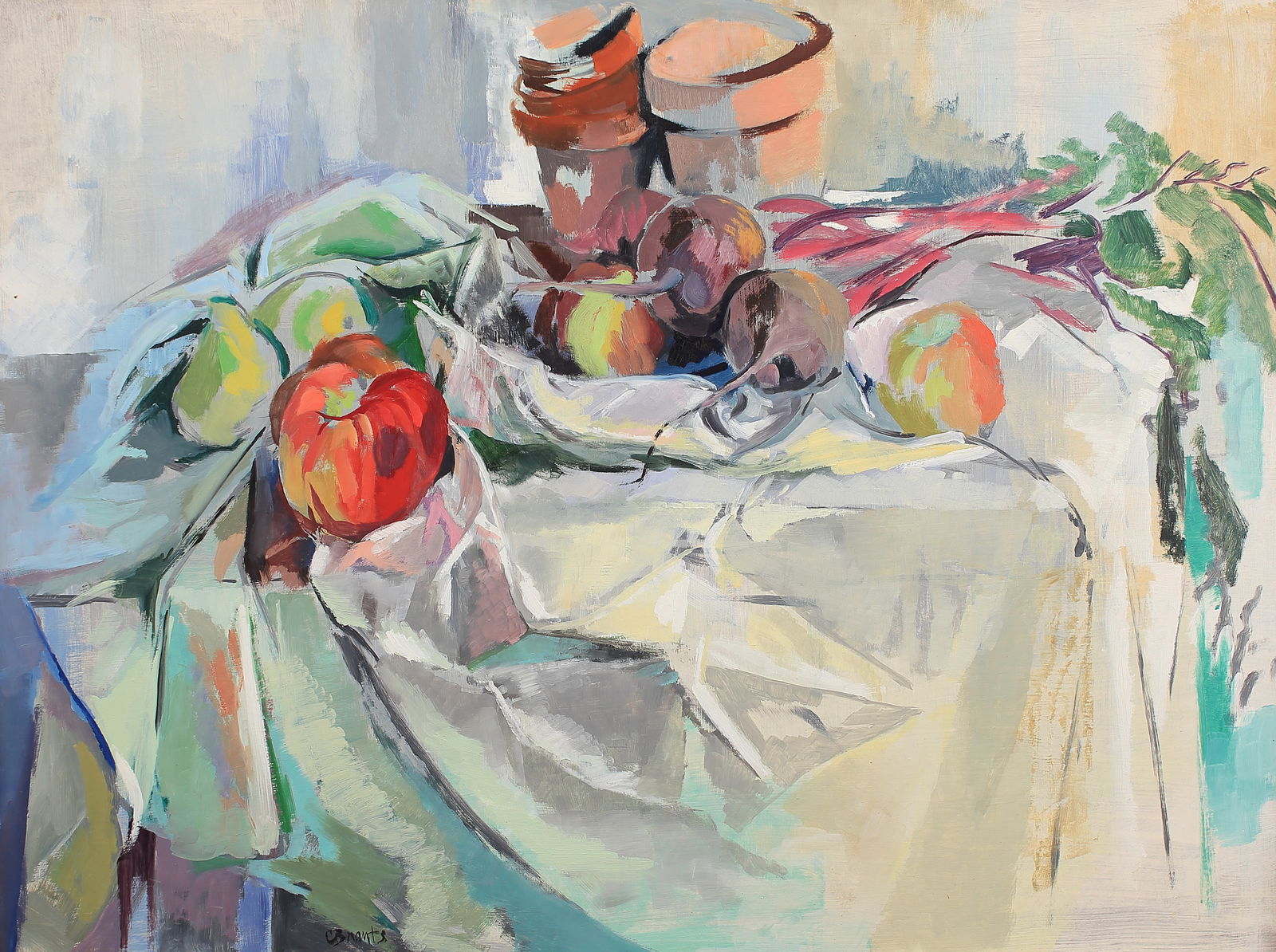 Cynthia Brants (Am. 1924-2006), Still Life with Apples, 1952, oil on masonite: Still Life with Apples, 1952, oil on masonite, 23 1/2 x 31 1/2, signed lower left: C Brants,