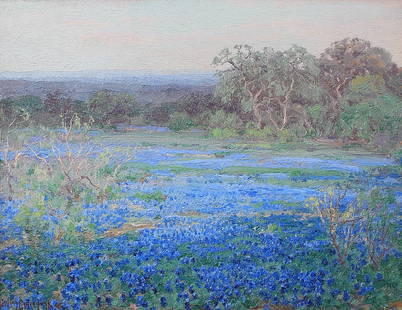 Julian Onderdonk (Am. 1882-1922), A Bluebonnet Field North of San Antonio, Texas, 1919 - 1920: A Bluebonnet Field North of San Antonio, Texas, 1919 - 1920, oil on board, 9 x 12, signed lower left: Julian Onderdonk; titled and signed on verso: A Bluebonnet Field North of San Antonio, Texas, Juli