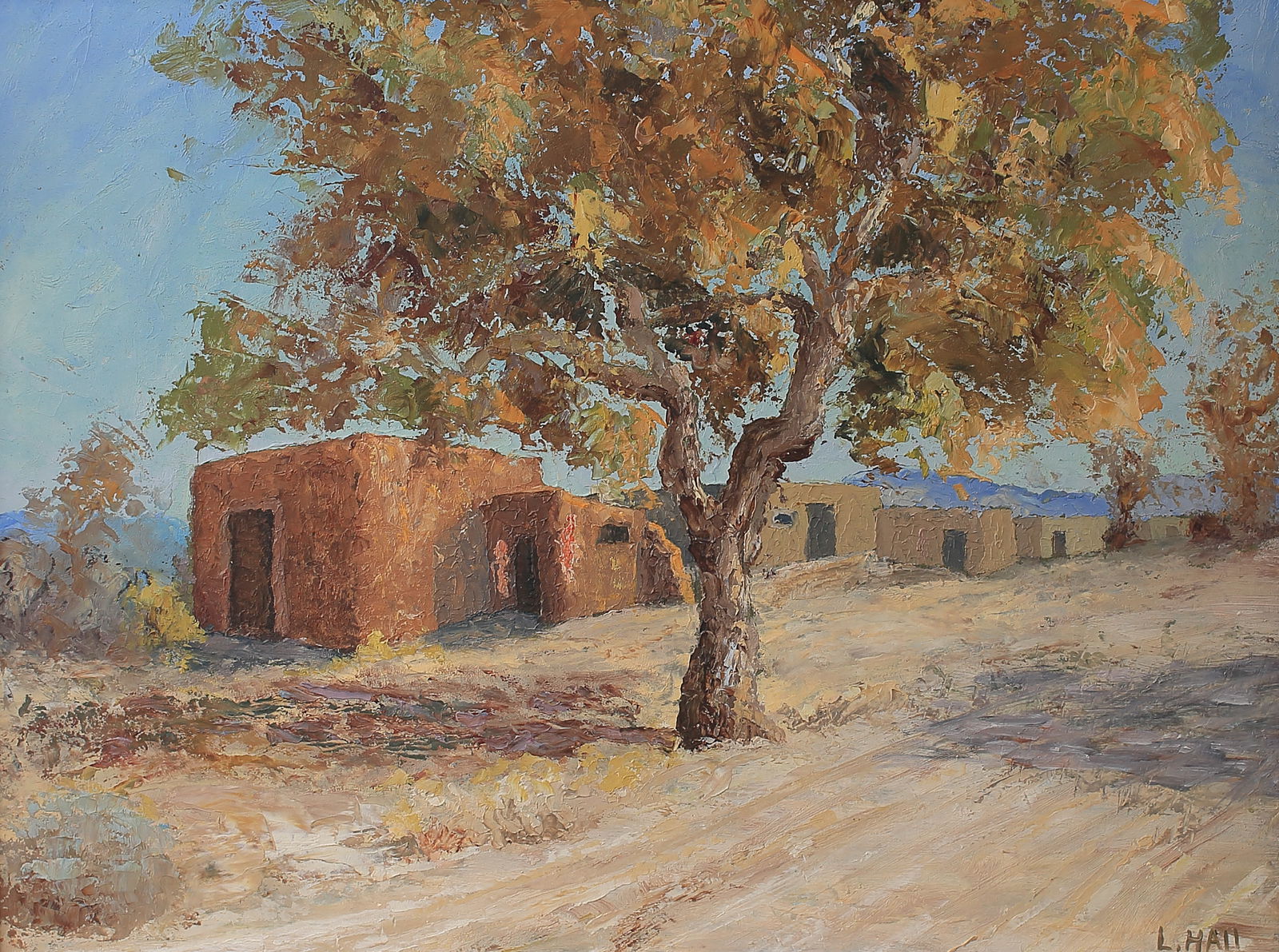 Lucille Hall (Am. 20th Cent.), Adobe Houses, oil on board (1 of 1)