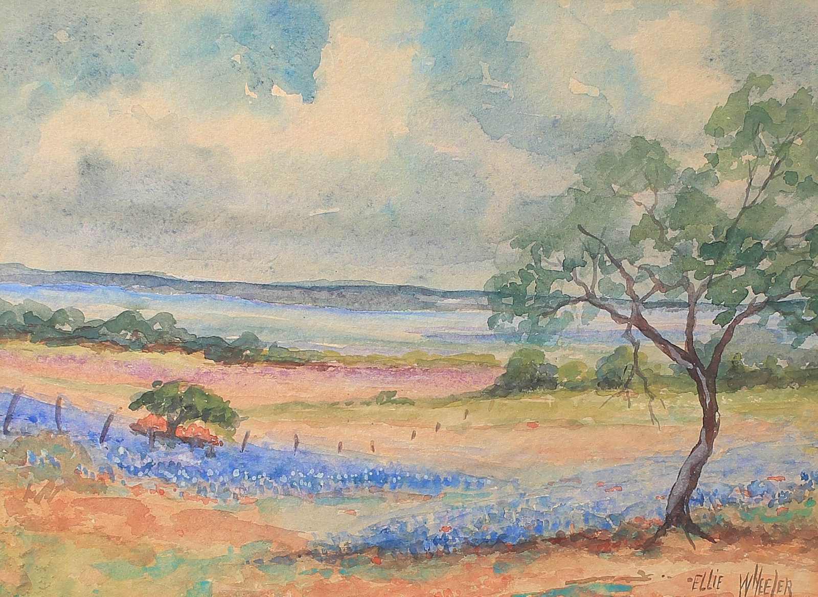 Ellie Wheeler (Am. 1883-1959), Texas Bluebonnet Landscape, watercolor on paper: Texas Bluebonnet Landscape, watercolor on paper, 10 1/2 x 14 1/4, signed lower right: Ellie Wheeler, A Collection of Texas Art - Bill and Eloise Blakeley Collection. LOTS: 138 - 194. After moving into