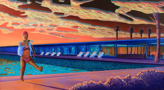 Robert Yarber (Am. b. 1948), New Pool, 1981, oil on canvas: New Pool, 1981, oil on canvas, 21 3/4 x 40, signed on verso: New Pool, Bob Yarber, 1981, PROVENANCE: Lora Trimble purchased from Marylou Patrick Gallery in Austin in the mid-1980s.