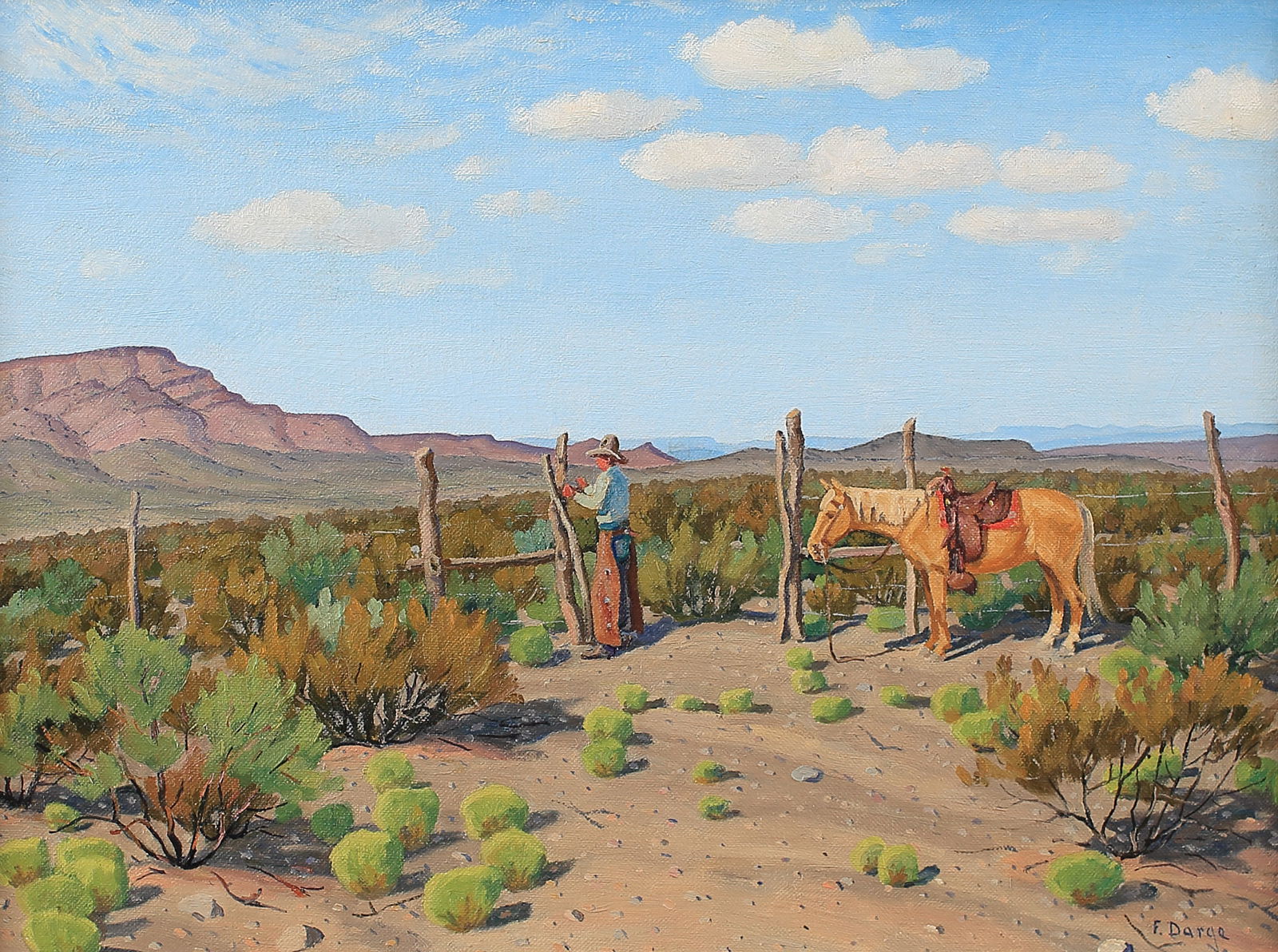 Fred Darge (Am. 1900-1978), Fixing the Fence, oil on canvas board (1 of 1)