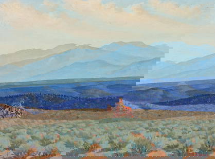 Fred Darge (Am. 1900-1978), Early Morning, Taos County, New Mexico, oil on canvas board: Early Morning, Taos County, New Mexico, oil on canvas board, 9 x 12, signed lower right: F. Darge; titled on verso: Early Morning (Taos County, New Mexico),