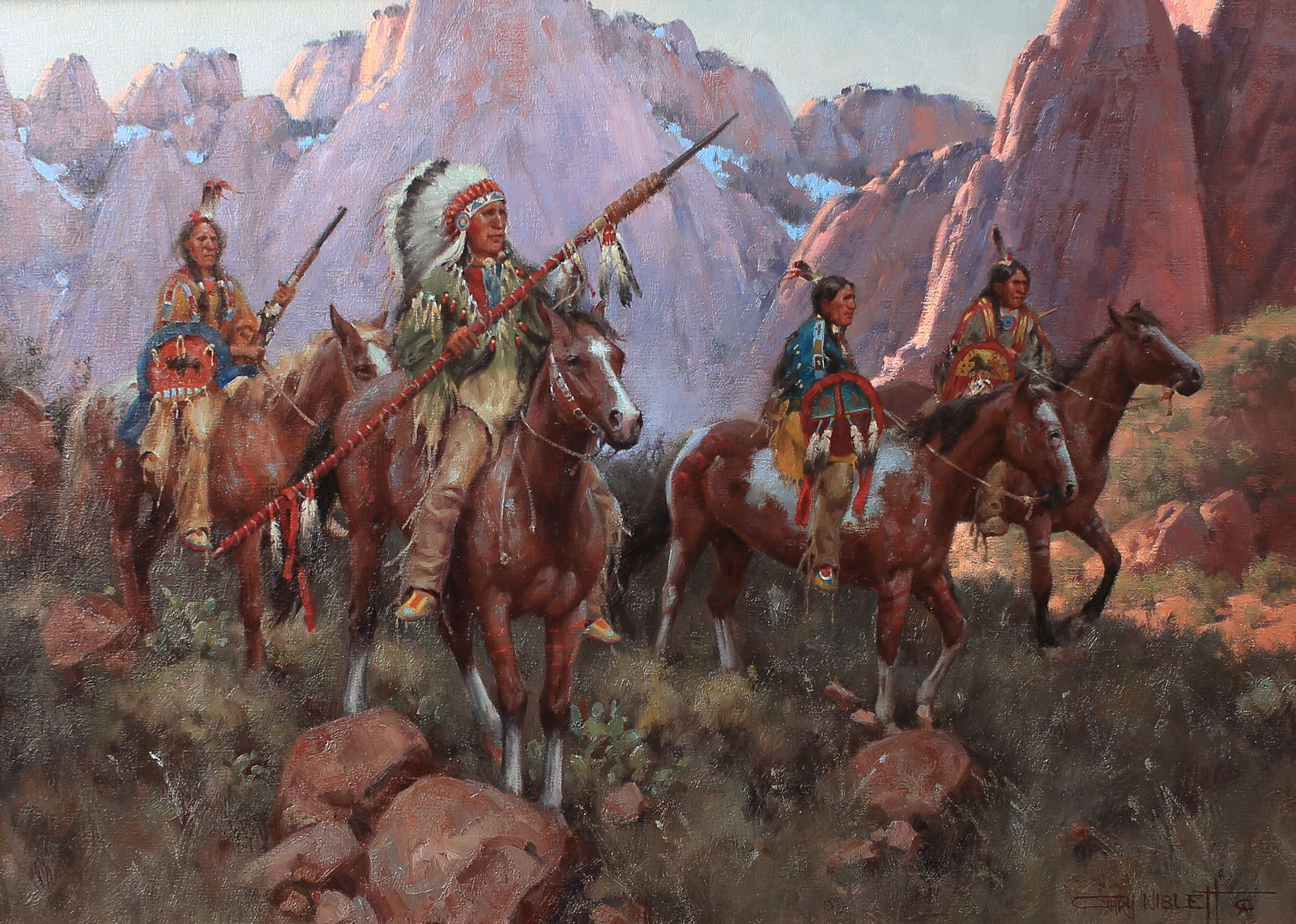 Gary Niblett (Am. b. 1943), Out of the Canyon, oil on canvas: Out of the Canyon, oil on canvas, 20 x 28, signed lower right: Gary Niblett CA, Label on verso: Nedra Matteucci Galleries, Santa Fe, NM