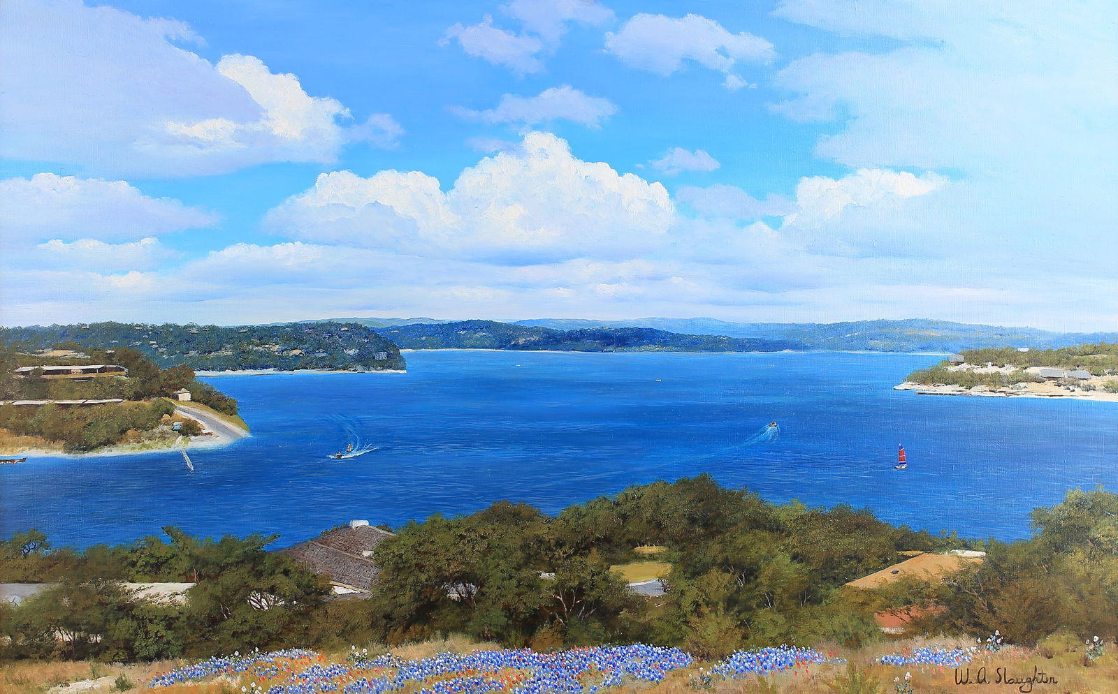William A. Slaughter (Am. 1923-2003), Lake Travis, 1989, oil on canvas: Lake Travis, 1989, oil on canvas, 30 x 48, signed lower right: W.A. Slaughter