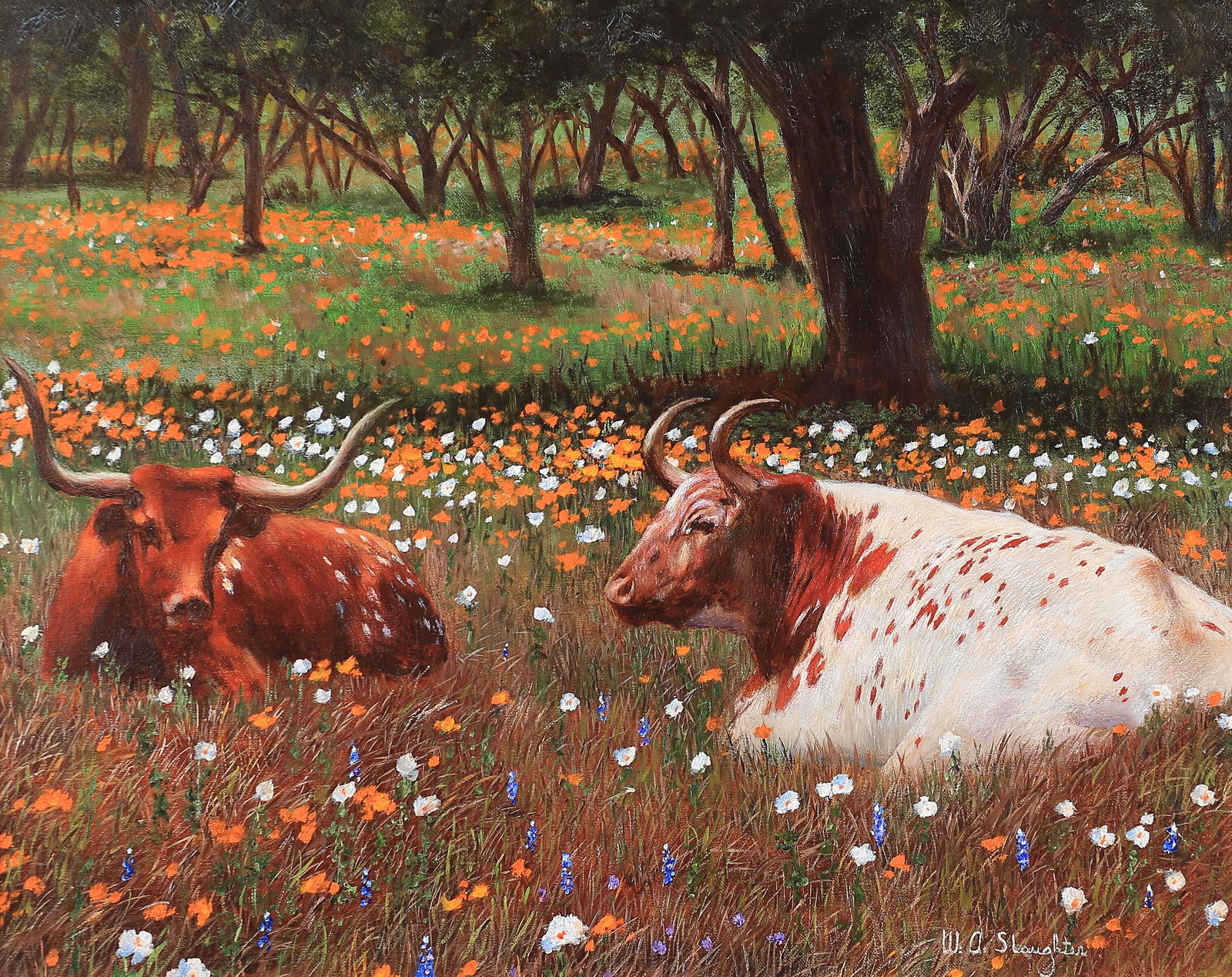 William A. Slaughter (Am. 1923-2003), Texas Longhorns - Autumn, oil on canvas: Texas Longhorns - Autumn, oil on canvas, 16 x 20, signed lower right: W. A. Slaughter,