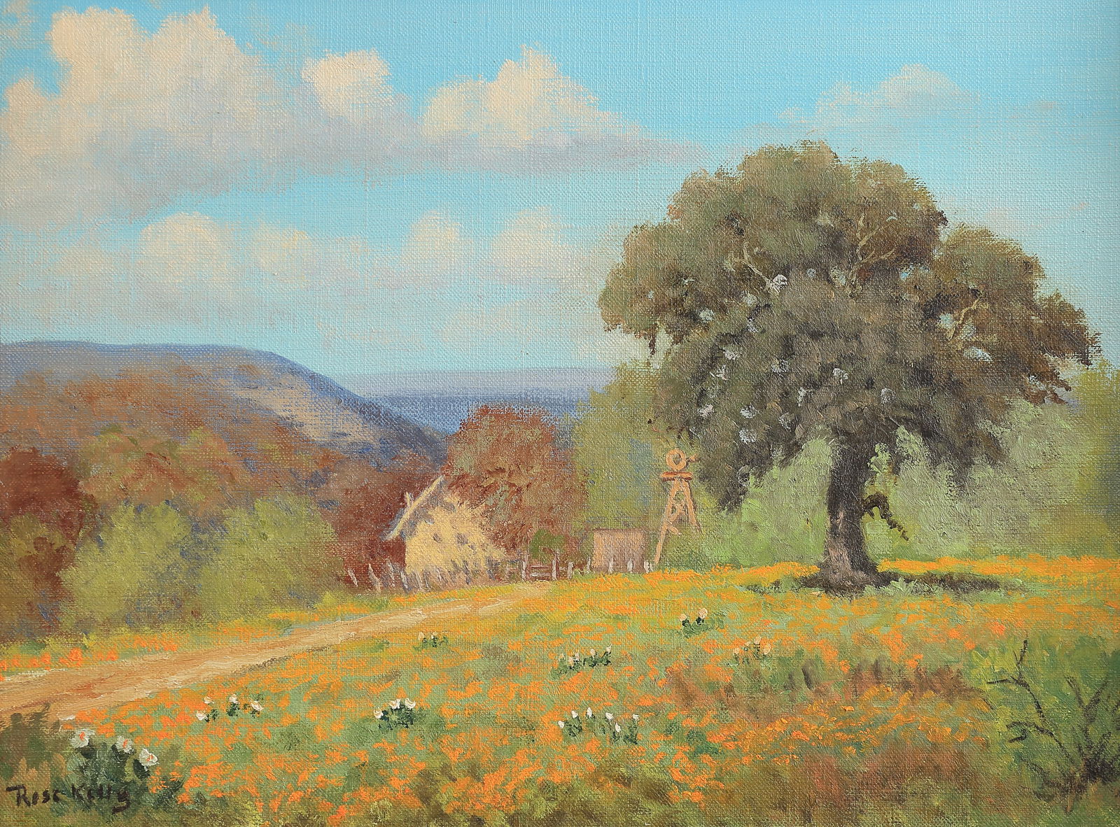Rose Kelly (am. 20th Cent.), Landscape With Coreopsis, Oil On Canvas