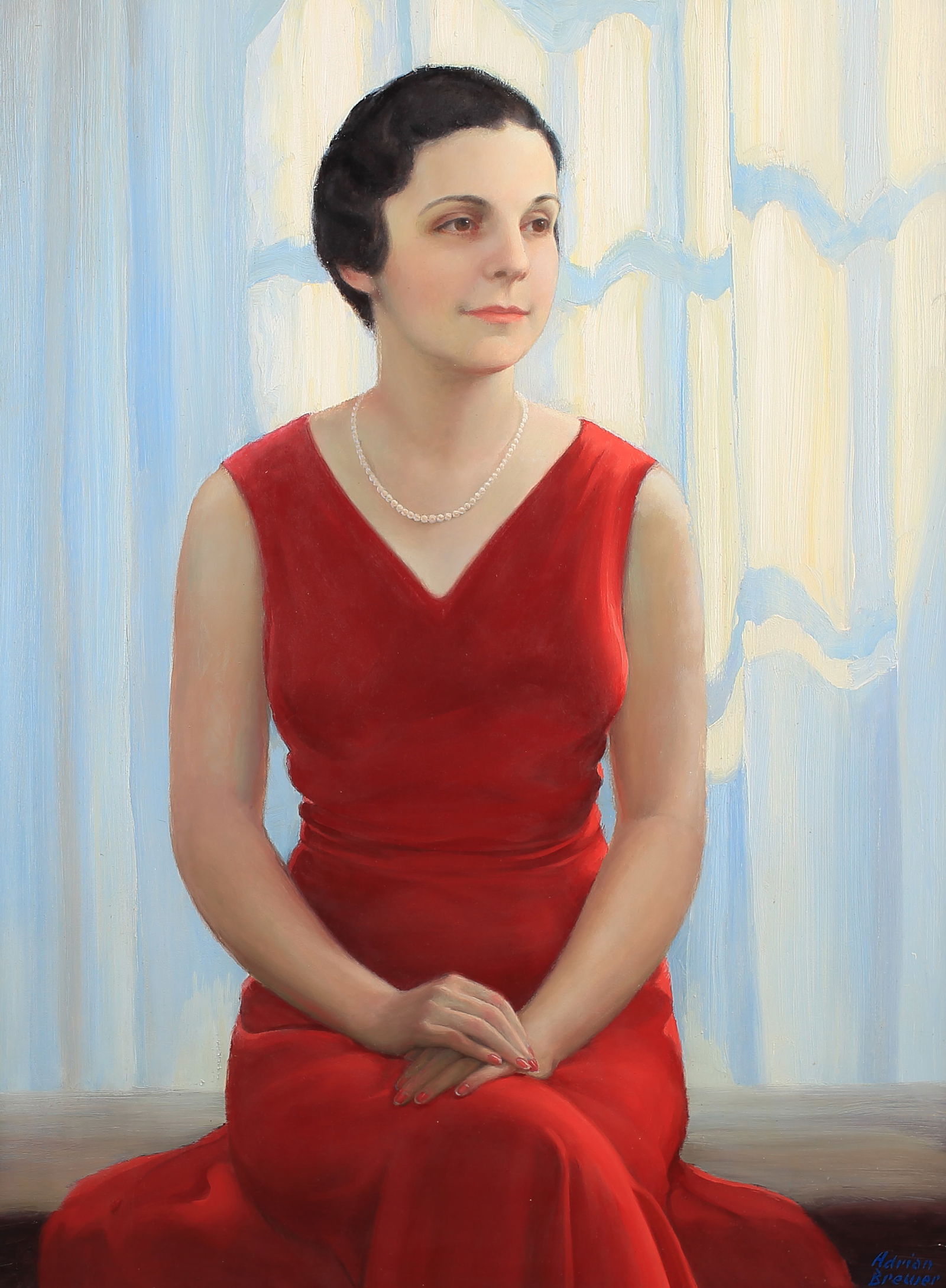 Adrian Brewer (Am. 1891-1956), Portrait of a Woman in Red Dress, oil on masonite (1 of 1)
