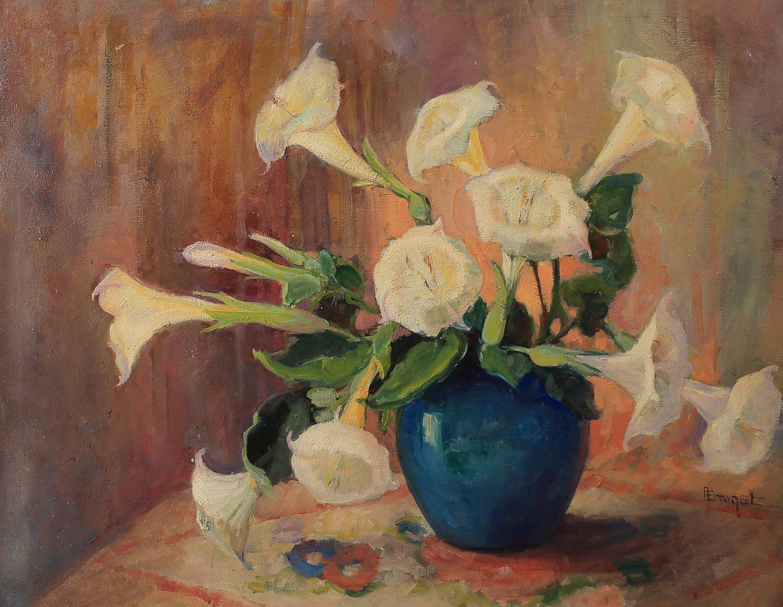 Adele Brunet (Am. 1871-1963), Moon Flowers in a Blue Vase, oil on canvas (1 of 1)