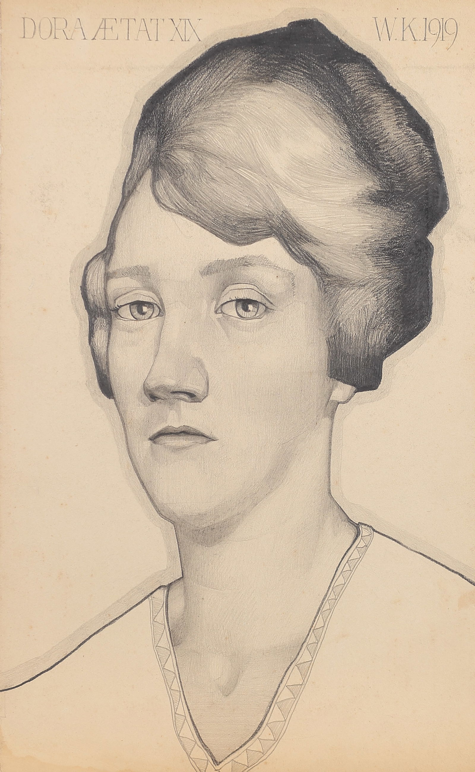 Wilfred Langdon Kihn (Am. 1898-1957), Dora Aetat XIX, pencil on paper: Dora Aetat XIX, pencil on paper, 14 x 8 1/2, signed across the top: Dora Aetat XIX, W. K. 1919