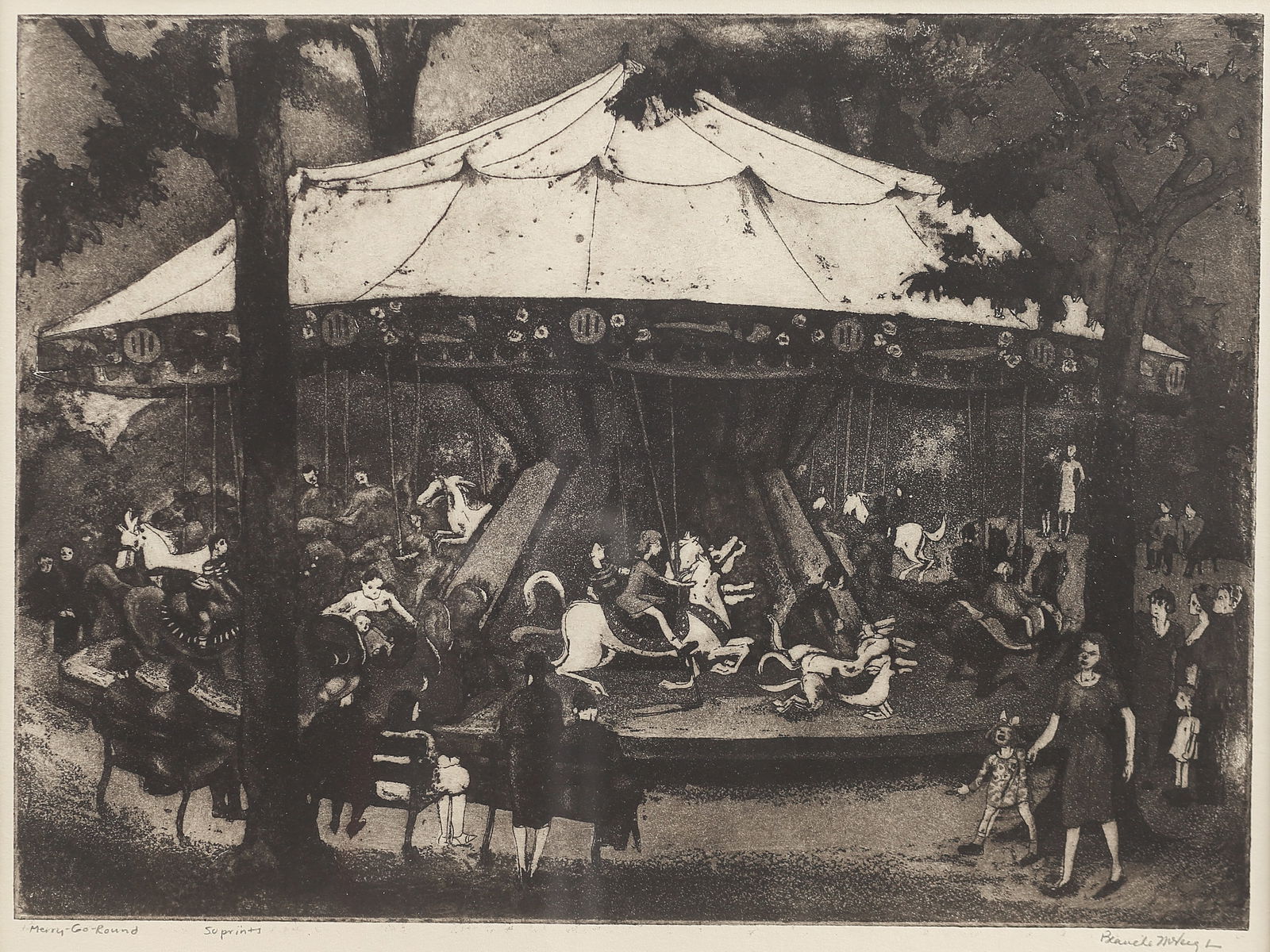 Blanche McVeigh (Am. 1895-1970), Merry-Go-Round, ed. 50, 1944, aquatint: Merry-Go-Round, ed. 50, 1944, aquatint, 10 x 13 3/4, signed across bottom: Merry-Go-Round, 50 prints, Blanche McVeigh