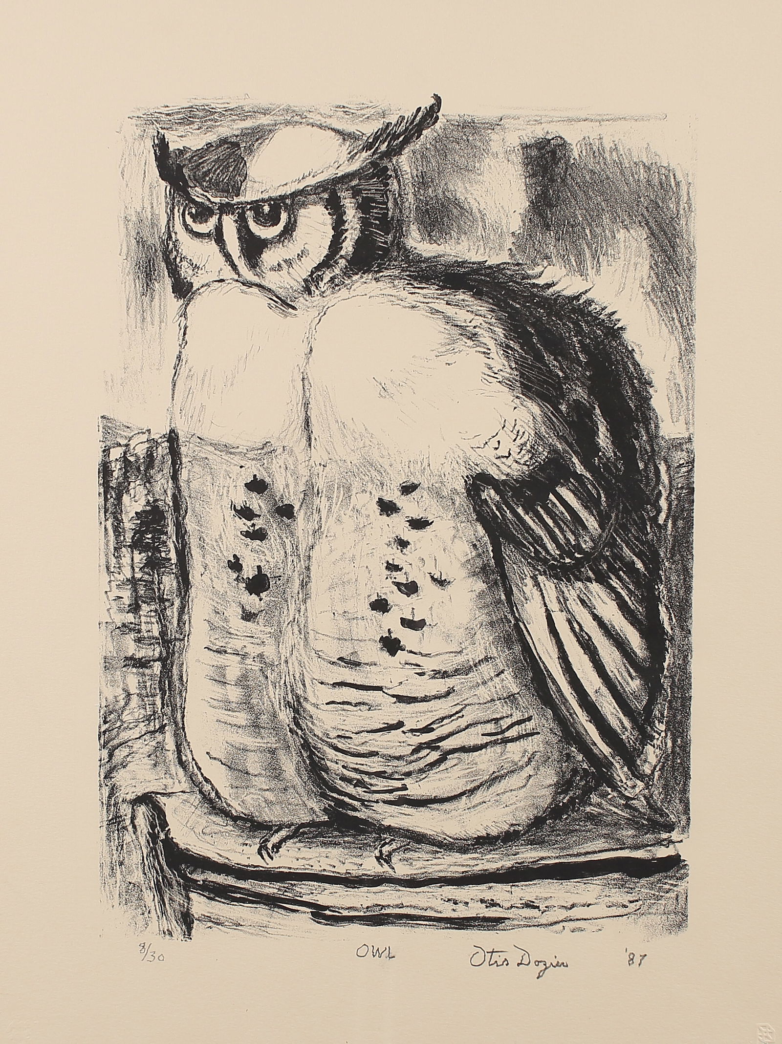 Otis Dozier (Am. 1904-1987), Owl, ed. 30, 1987, lithograph (1 of 1)