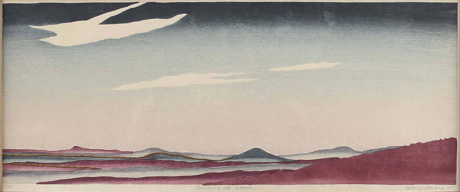 Daryl Howard (Am. b. 1949), Touching the Dawn, ed. 100, 1985, woodblock print: Touching the Dawn, ed. 100, 1985, woodblock print, 10 1/2 x 26, signed across bottom: 60/100, Touching the Dawn, Daryl Howard ‘85