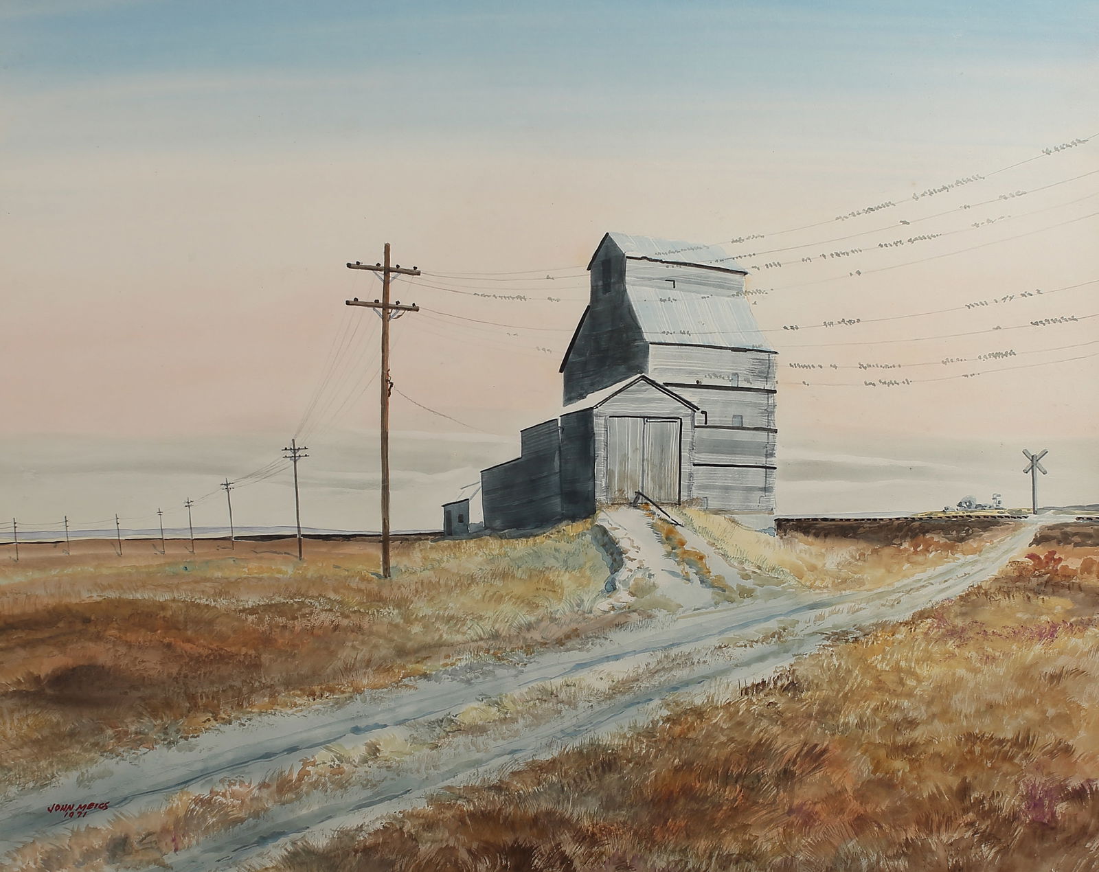 John Meigs (Am. 1916-2003), The Barn and Railroad Crossing, 1971, watercolor on paper (1 of 1)