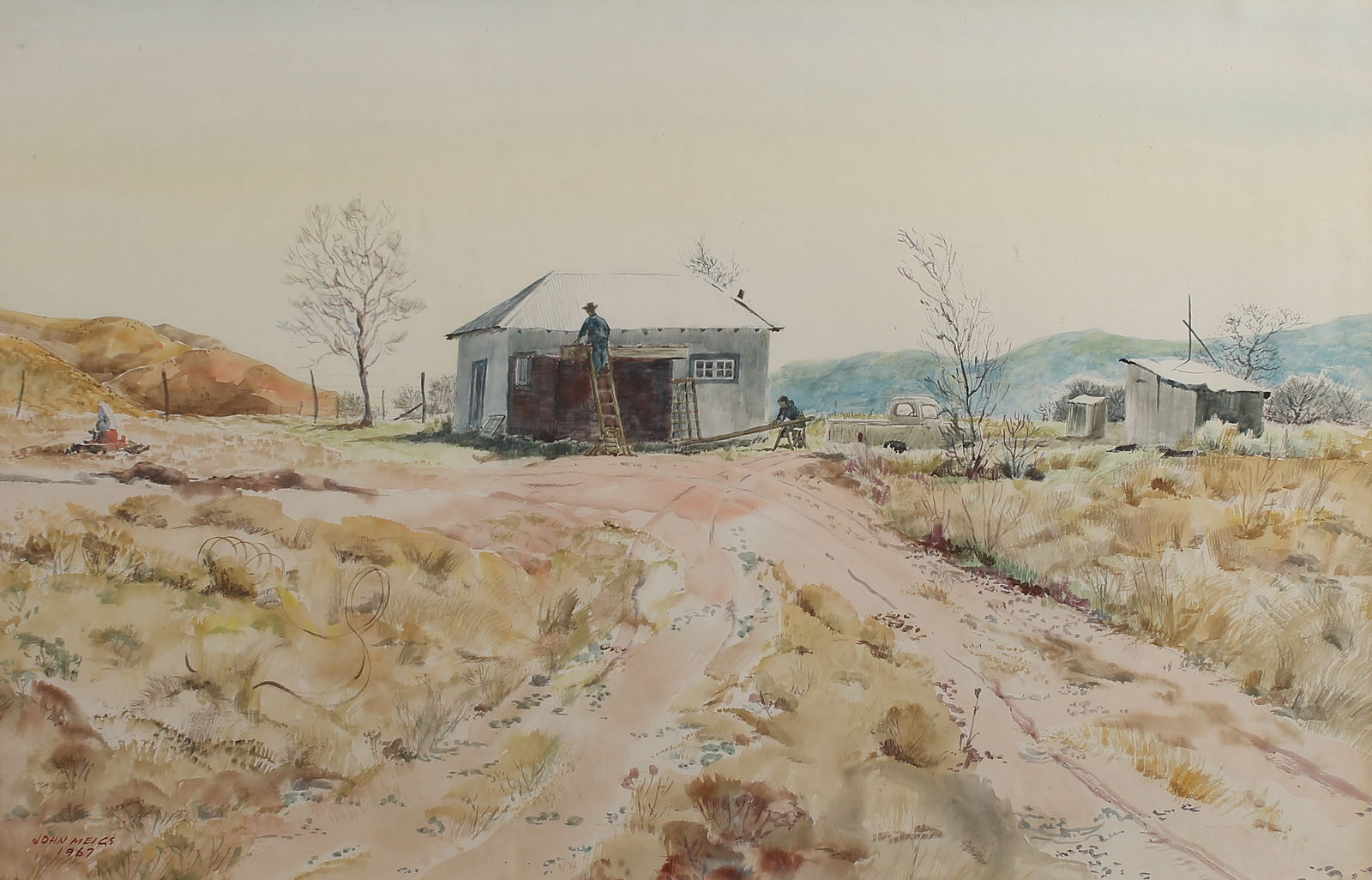 John Meigs (Am. 1916-2003), The New Room, 1967, watercolor on paper: The New Room, 1967, watercolor on paper, 19 x 29, signed lower left: John Meigs 1967, EXHIBITED: Lubbock Centennial exhibitions “Tribute to the Baker Gallery” at the Louise Hopkins Underwood C