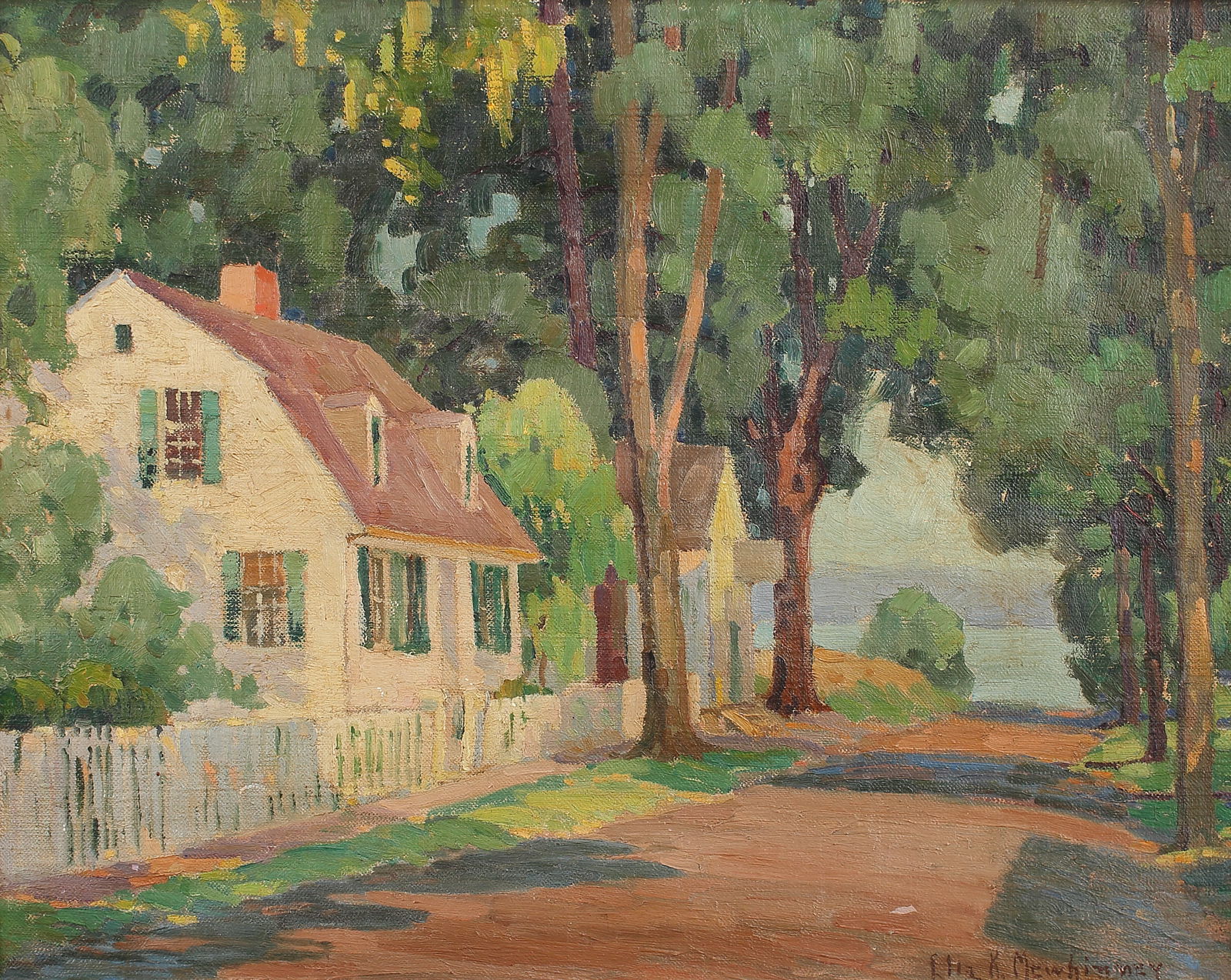 Ella Mewhinney (Am. 1891-1975), Of Colonial Days, oil on canvas: Of Colonial Days, oil on canvas, 14 x 17 3/4, signed lower right: Ella K. Mewhinney