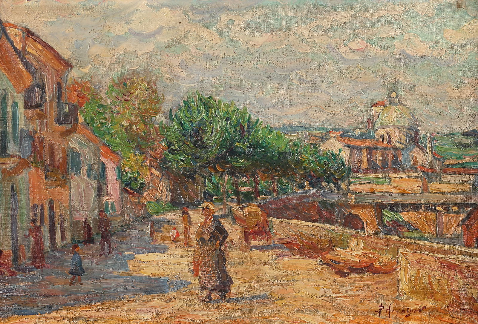Paul Hoeniger (German/French 1865-1924), Clouds Over Tree Lined Street with Figures by Church, oil (1 of 1)