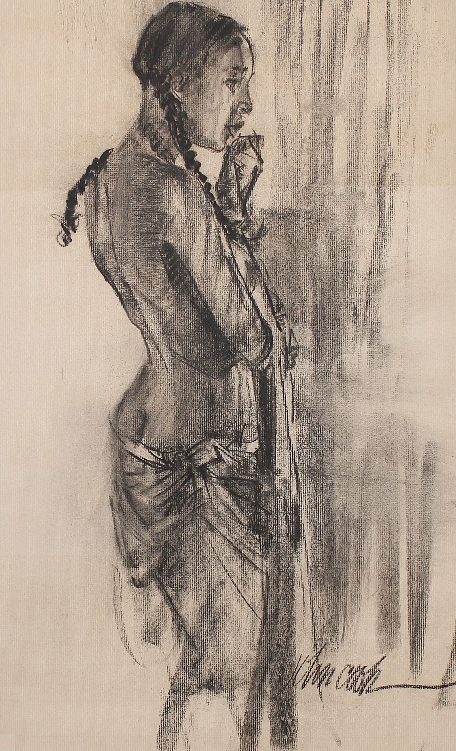 John Cook (Am. 20th Cent.), Lokota Indian Maiden, charcoal on paper: Lokota Indian Maiden, charcoal on paper, 20 x 12, signed lower right: John Cook