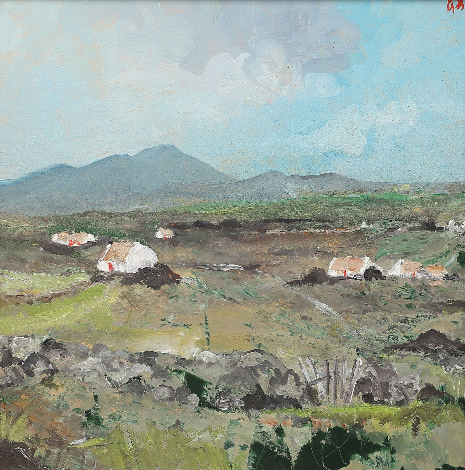 David Gordan Hugues (Northern Ireland b. 1957), Stone Cottages & Peat Stacks, CO Donegal, Ireland, (1 of 1)