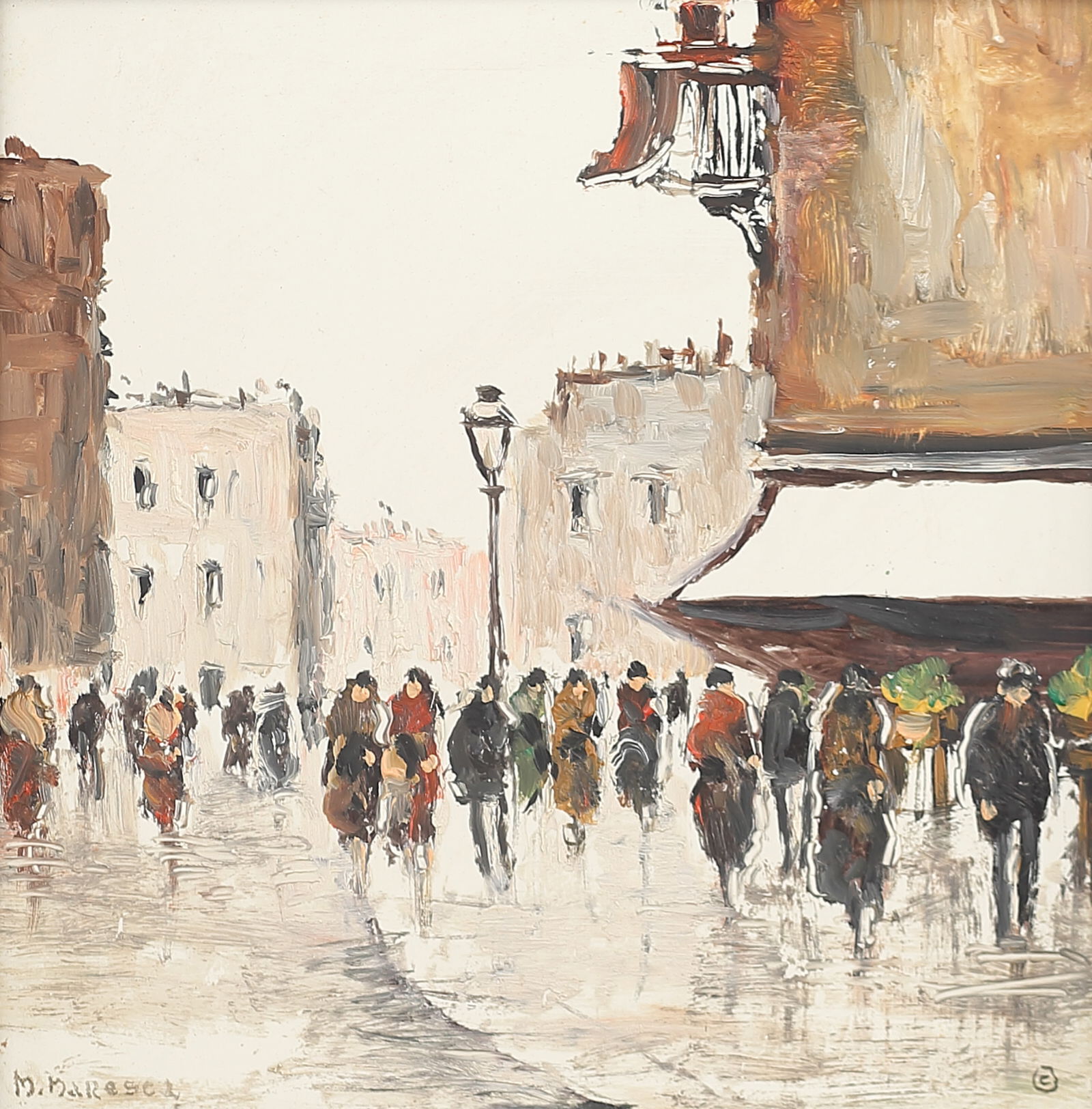 Mario Maresca (Italian b. 1887), Set of two works: Book Sellers in Paris & Flower Market, Paris, oil (1 of 2)