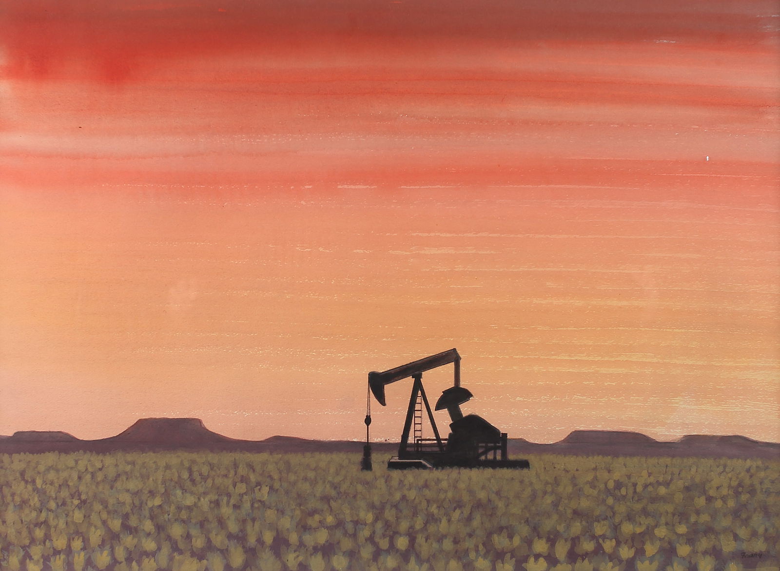 Michael Frary (Am. 1918-2005), Oil Rig, watercolor on paper: Oil Rig, watercolor on paper, 21 x 29, signed lower right: Frary, This image, much like the entirety of Frary’s prolific body of work, reflects the artist’s educational background in architecture,