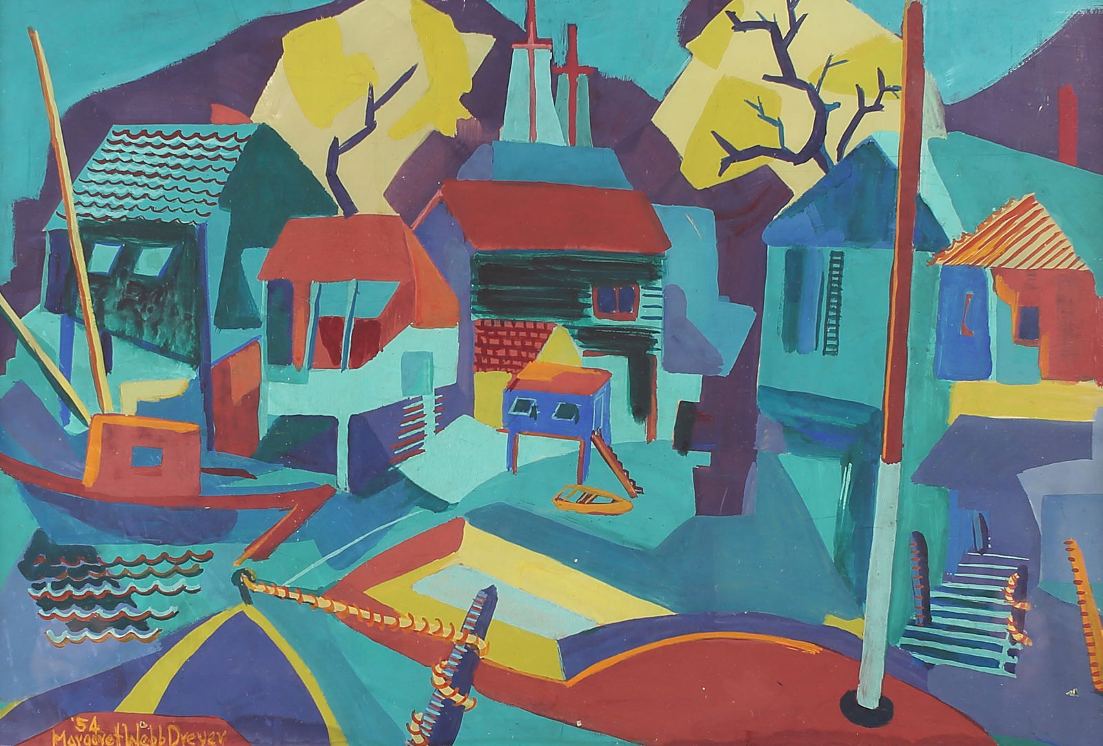 Margaret Webb Dreyer (Am. 1911-1976), Oceanside Village 1954, watercolor & gouache on paper (1 of 1)