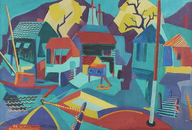 Margaret Webb Dreyer (Am. 1911-1976), Oceanside Village 1954, watercolor & gouache on paper