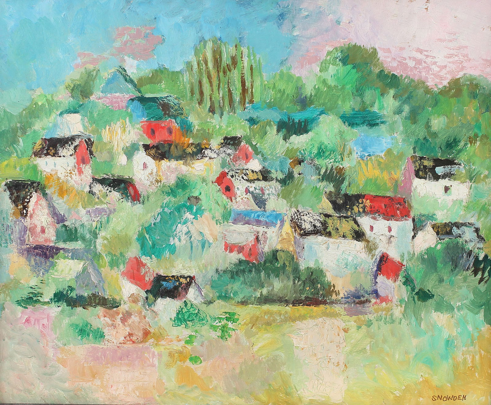 Chester Snowden (Am. 1900-1984), Houses on Hillside, oil on masonite: Houses on Hillside, oil on masonite, 18 x 22, signed lower right: Snowden, Heartland Security Insurance Group Collection curated by Eugenia “Jeannie” Hibbs (February 21, 1938 – January 8, 20