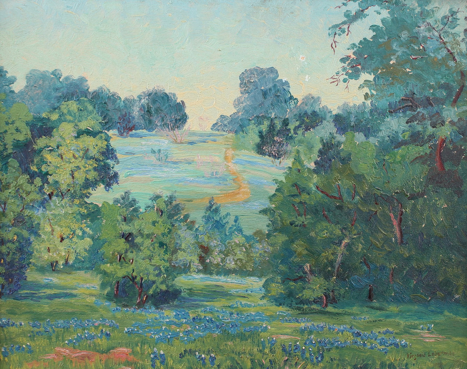 Virginia Leberman (Am. 1886-1968), Bluebonnets, oil on board: Bluebonnets, oil on board, 16 x 20, signed lower right: Virginia Leberman, Leberman was born in Austin, and is known today as a painter, photographer, and writer. A period of convalescence at home pro
