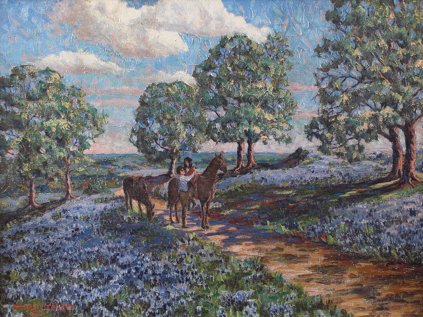 Walter Stevens (Am. 1895-1958), Bluebonnets, 1927, oil on canvasboard: Bluebonnets, 1927, oil on canvasboard, 18 x 24, signed lower left: Walter Stevens 1927, Heartland Security Insurance Group Collection curated by Eugenia “Jeannie” Hibbs (February 21, 1938 – 