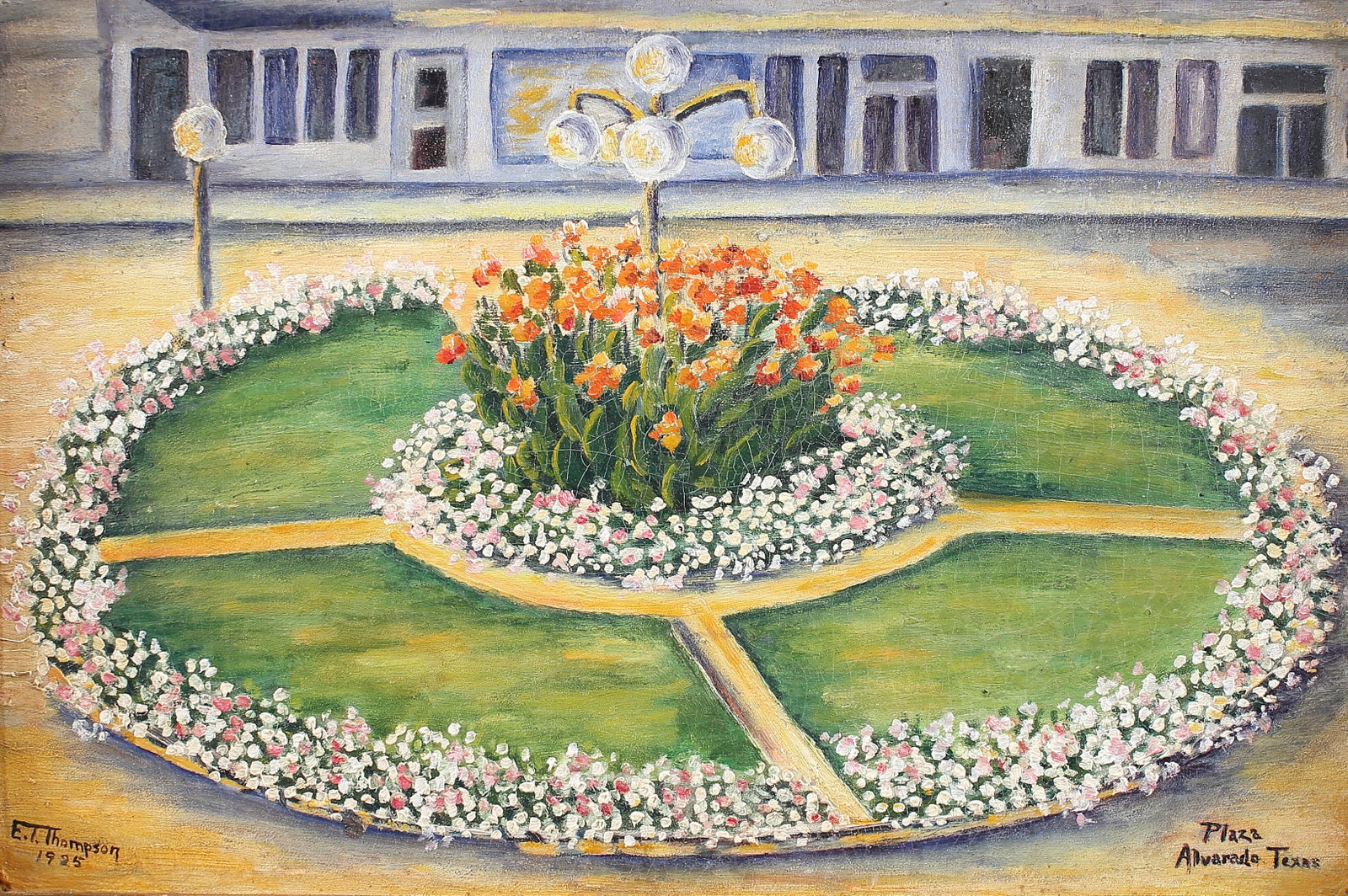 Elaine Truelove Thompson (Am. 20th Cent.), Plaza Alvaredo, Texas, 1925, oil on board: Plaza Alvaredo, Texas, 1925, oil on board, 12 x 18, signed lower left: E.T. Thompson 1925; titled lower right: Plaza Alvarado Texas, Thompson was born in Alvarado, Texas, and attended Texas Christian 